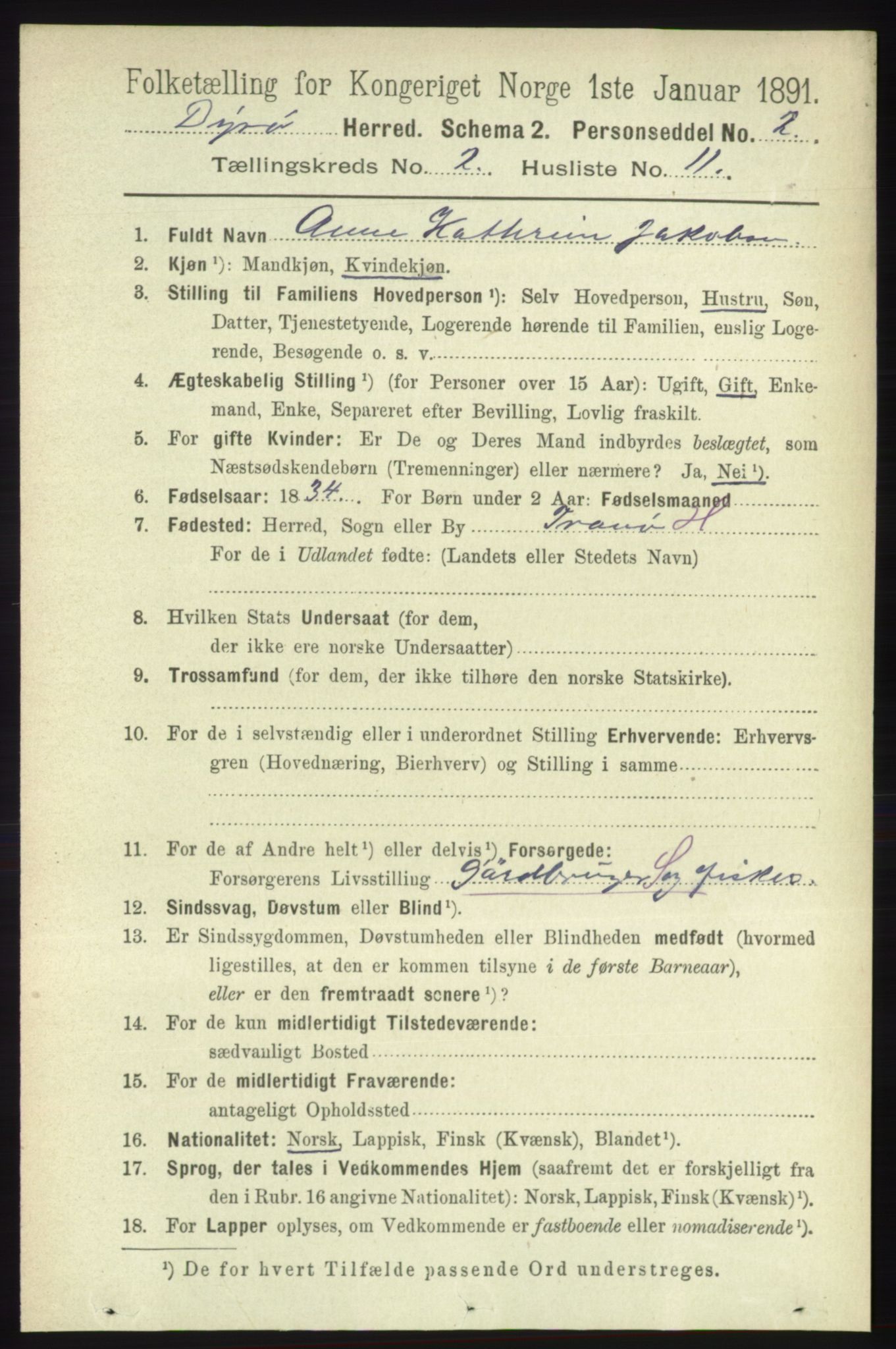 RA, 1891 census for 1926 Dyrøy, 1891, p. 603