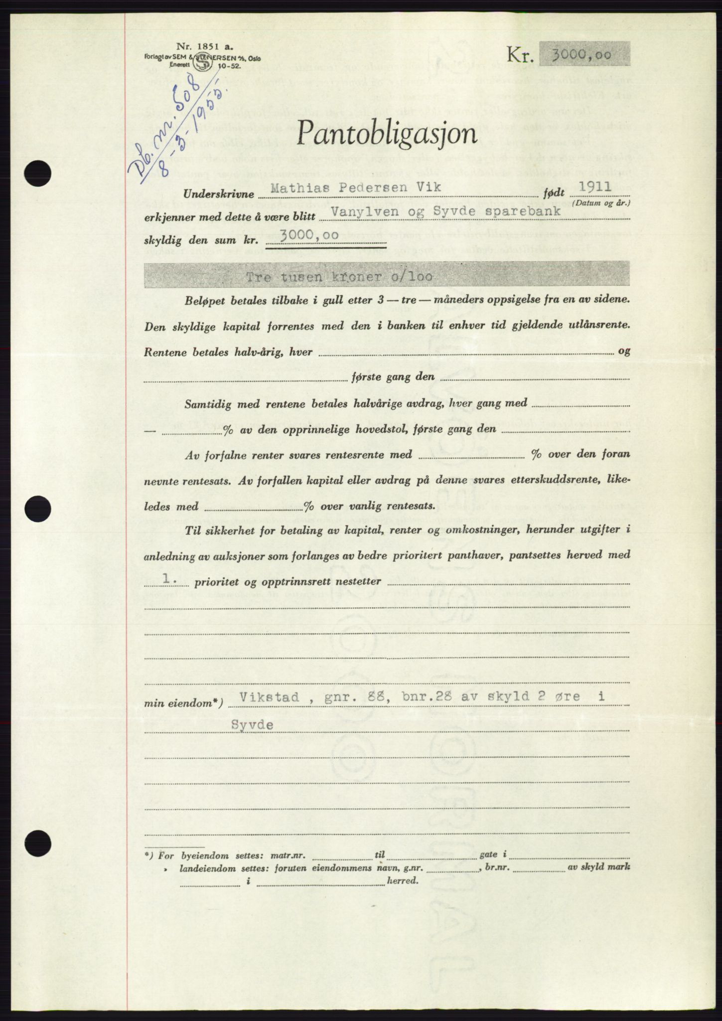 Søre Sunnmøre sorenskriveri, AV/SAT-A-4122/1/2/2C/L0126: Mortgage book no. 14B, 1954-1955, Diary no: : 508/1955