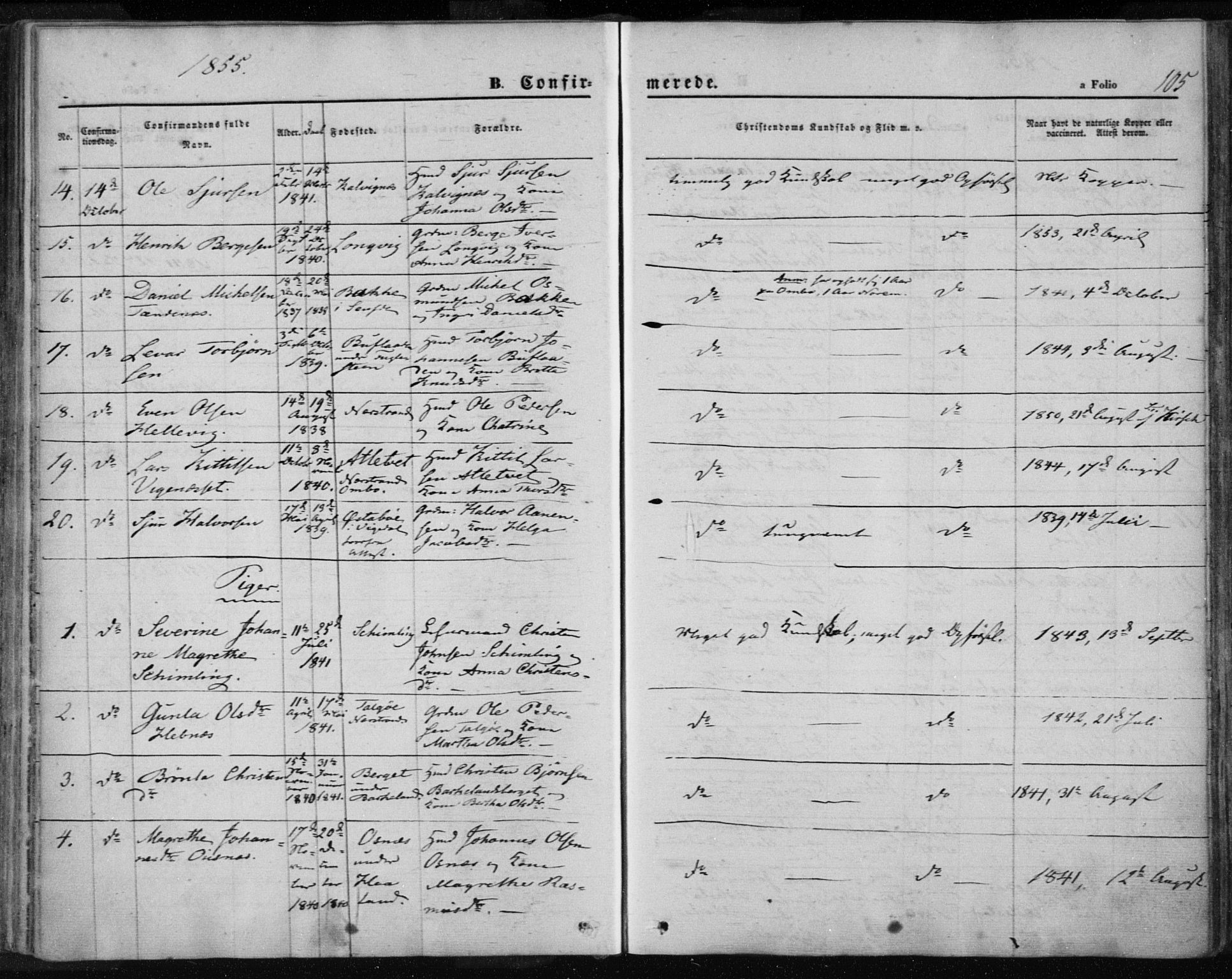 Jelsa sokneprestkontor, AV/SAST-A-101842/01/IV: Parish register (official) no. A 7, 1854-1866, p. 105