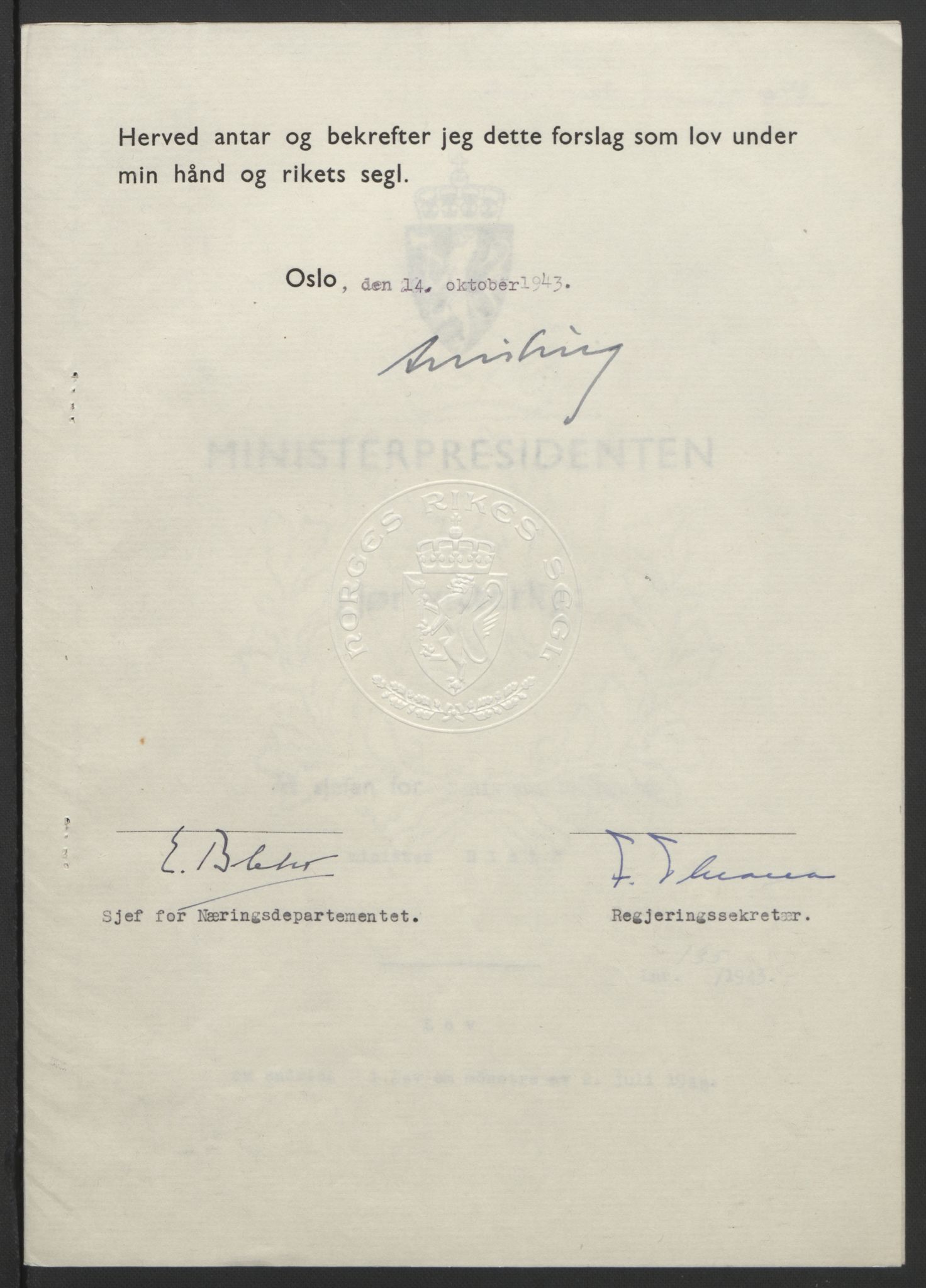 NS-administrasjonen 1940-1945 (Statsrådsekretariatet, de kommisariske statsråder mm), AV/RA-S-4279/D/Db/L0099: Lover, 1943, p. 631