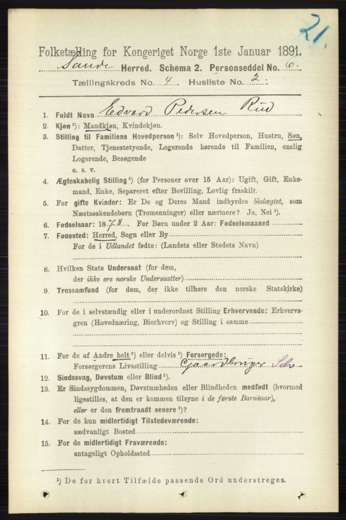 RA, 1891 census for 0713 Sande, 1891, p. 1493