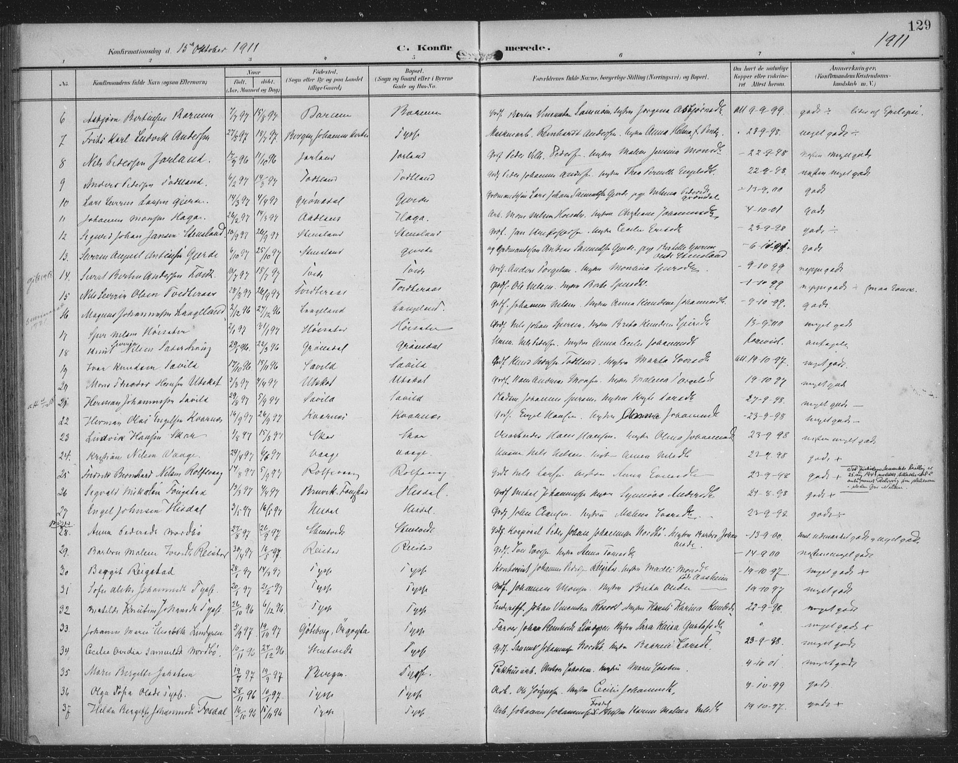 Samnanger Sokneprestembete, AV/SAB-A-77501/H/Haa: Parish register (official) no. A 2, 1902-1918, p. 129