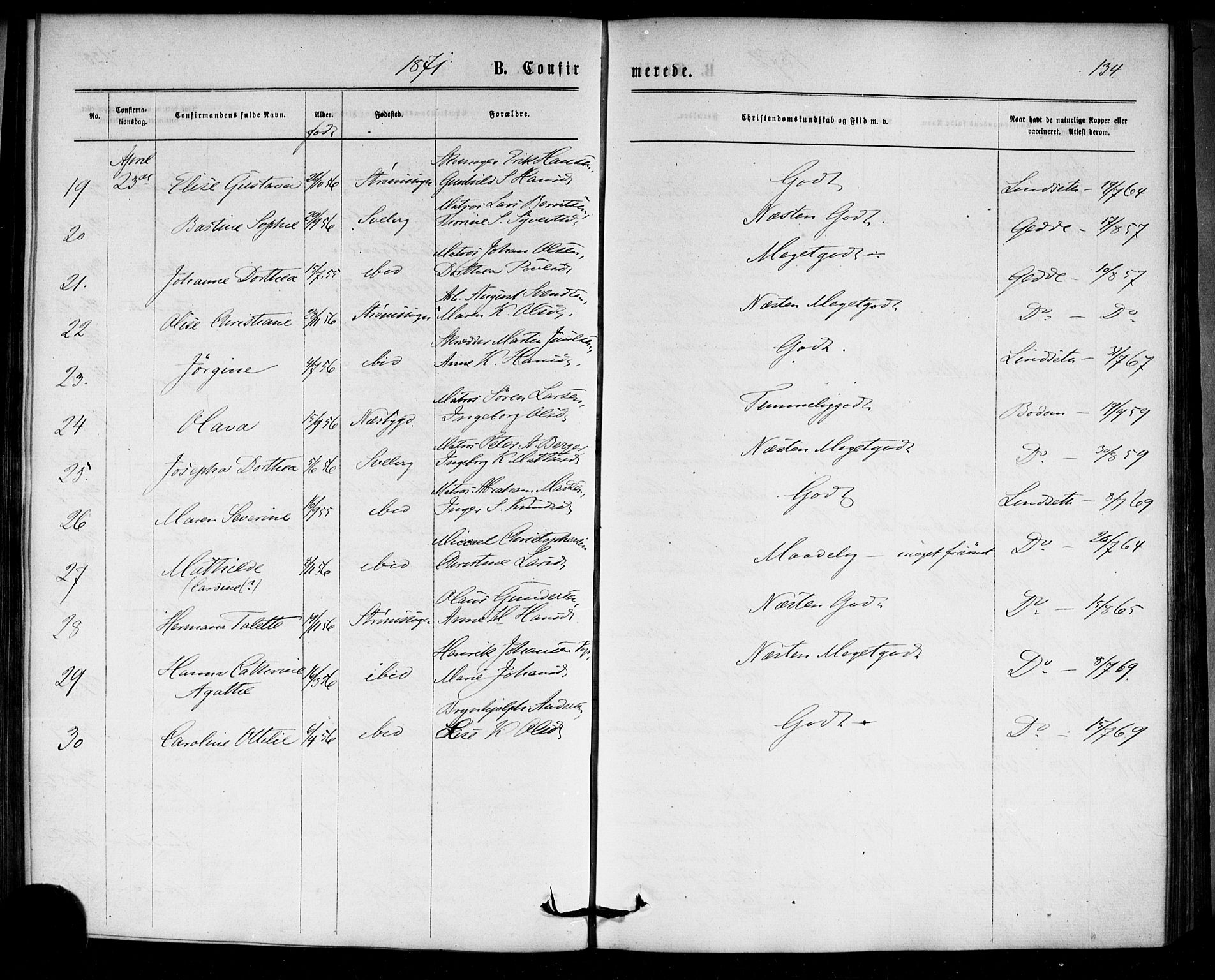 Strømm kirkebøker, SAKO/A-322/F/Fa/L0002: Parish register (official) no. I 2, 1870-1877, p. 134