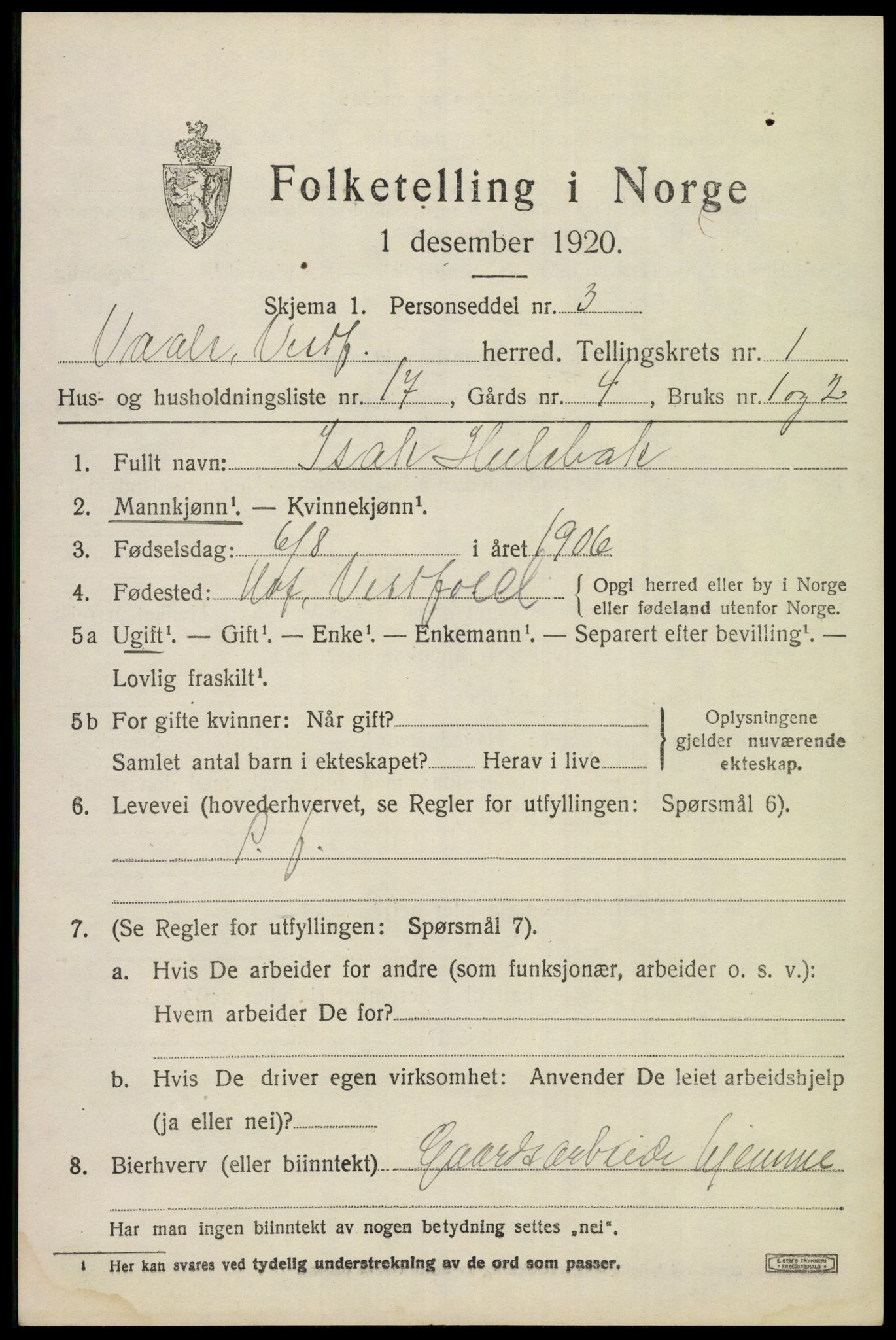 SAKO, 1920 census for Våle, 1920, p. 1268