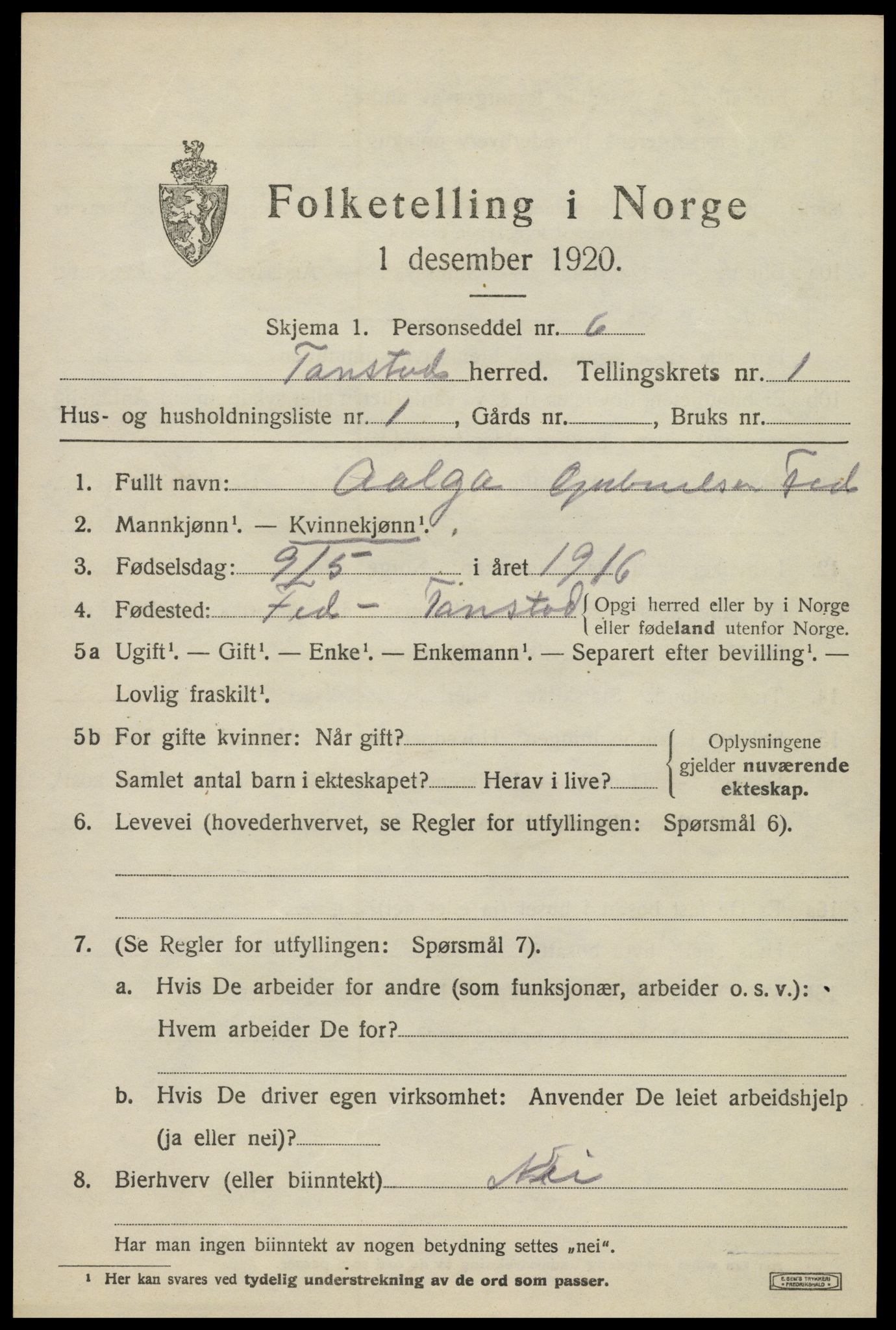 SAK, 1920 census for Tonstad, 1920, p. 338