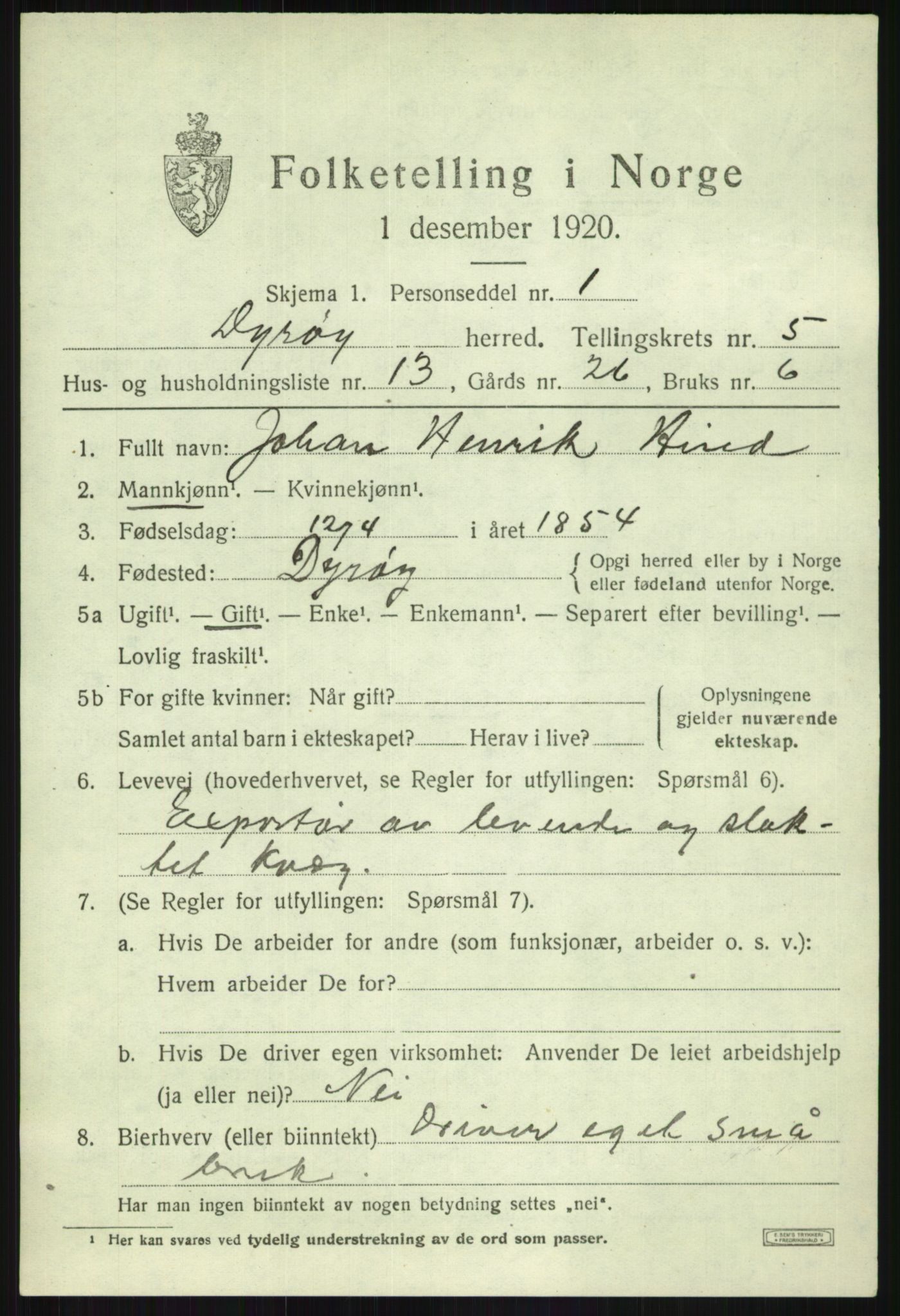 SATØ, 1920 census for Dyrøy, 1920, p. 2877