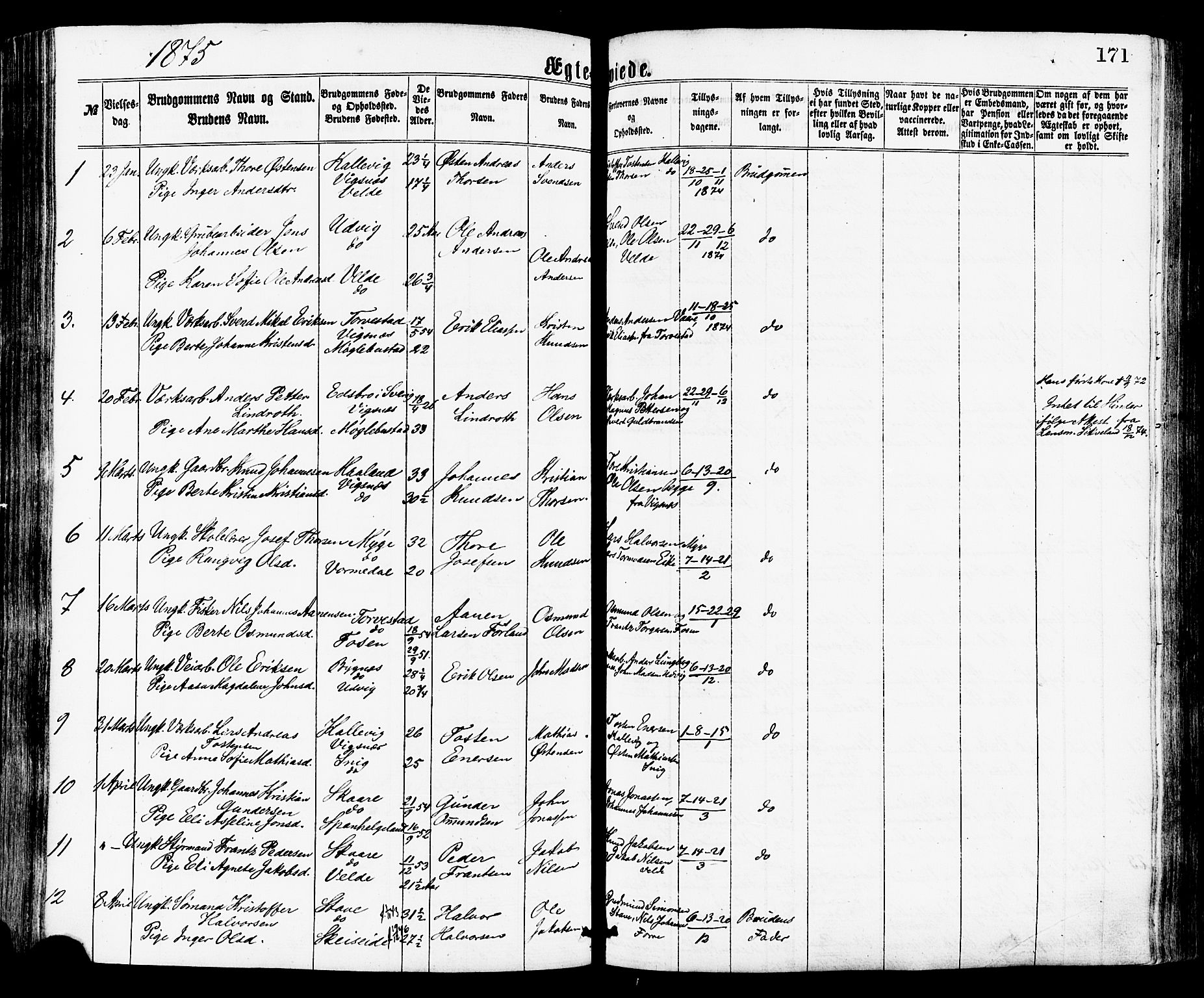 Avaldsnes sokneprestkontor, SAST/A -101851/H/Ha/Haa/L0012: Parish register (official) no. A 12, 1865-1880, p. 171