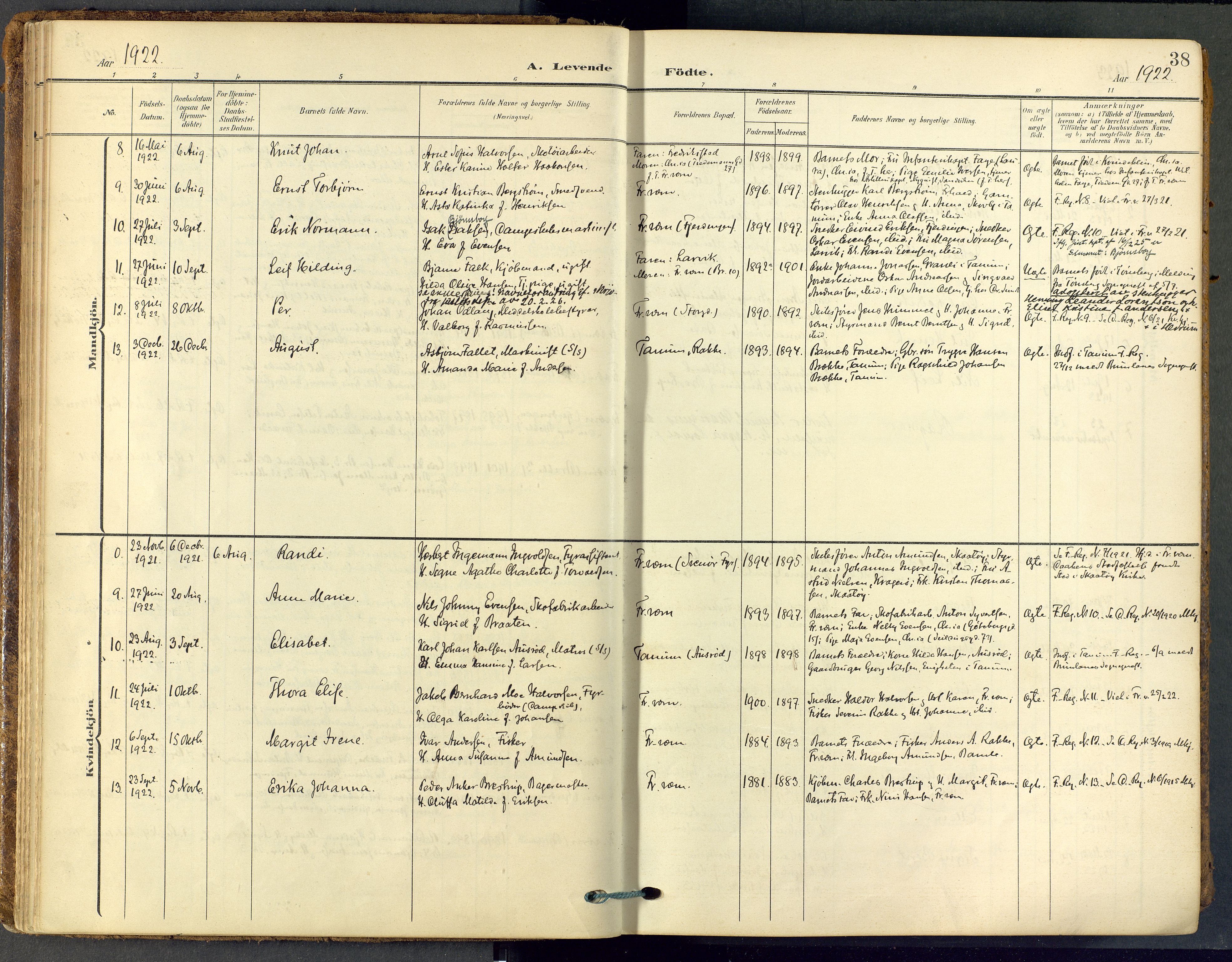 Stavern kirkebøker, SAKO/A-318/F/Fa/L0009: Parish register (official) no. 9, 1906-1955, p. 38