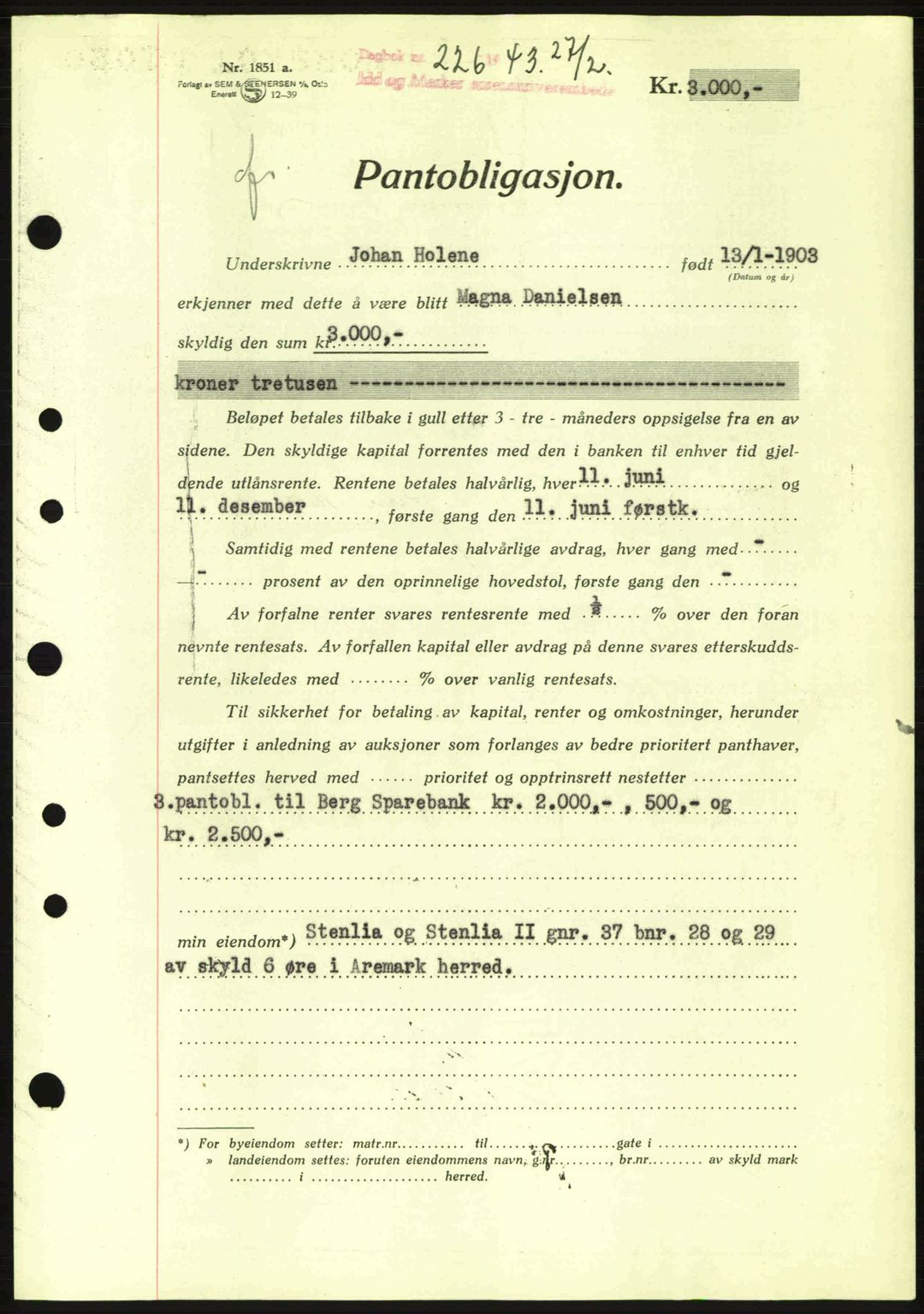 Idd og Marker sorenskriveri, AV/SAO-A-10283/G/Gb/Gbc/L0002: Mortgage book no. B4-9a, 1939-1945, Diary no: : 226/1943