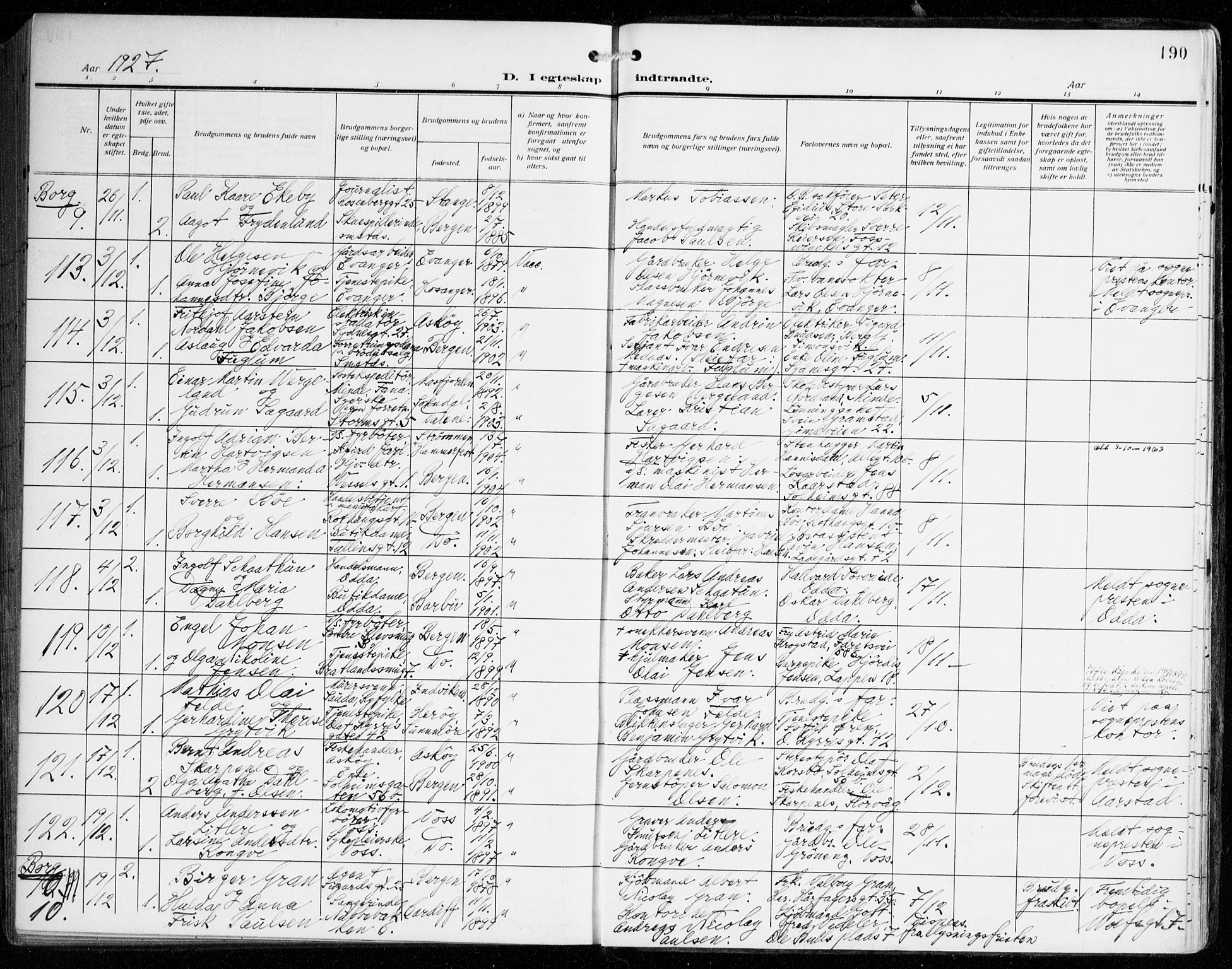 Johanneskirken sokneprestembete, SAB/A-76001/H/Haa/L0013: Parish register (official) no. D 2, 1912-1929, p. 190