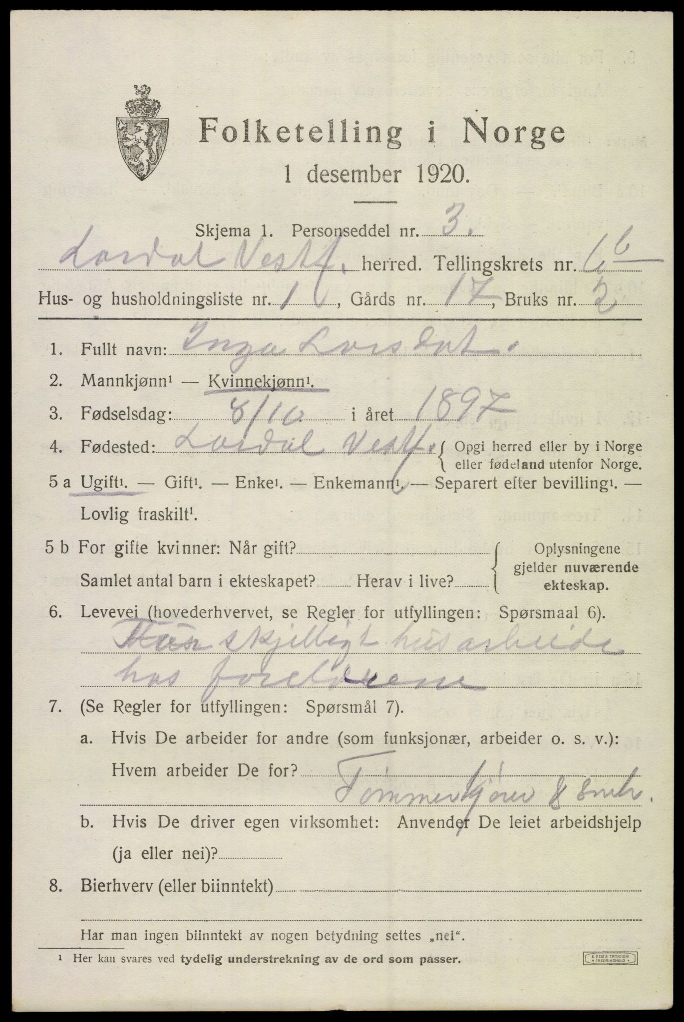 SAKO, 1920 census for Lardal, 1920, p. 5833