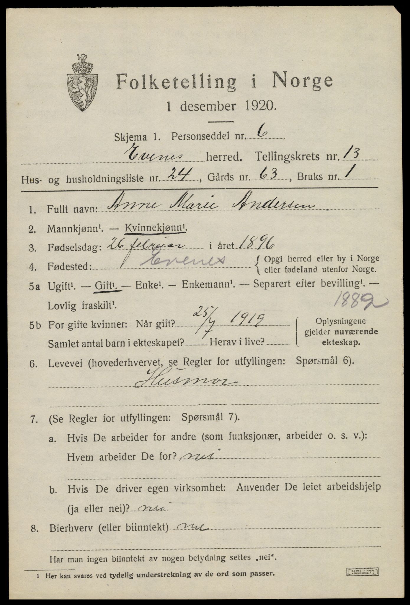 SAT, 1920 census for Evenes, 1920, p. 12186