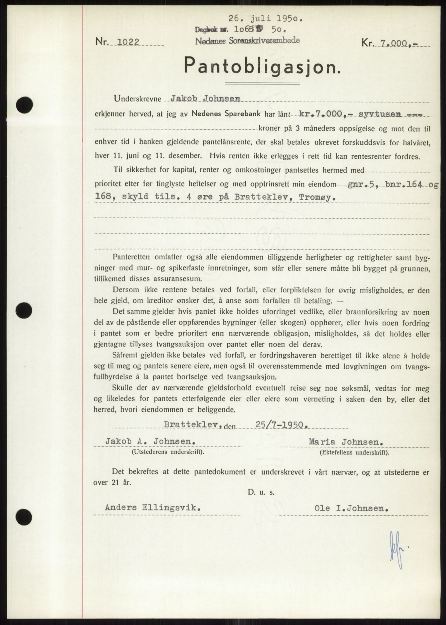 Nedenes sorenskriveri, AV/SAK-1221-0006/G/Gb/Gbb/L0007: Mortgage book no. B7, 1949-1950, Diary no: : 1068/1950