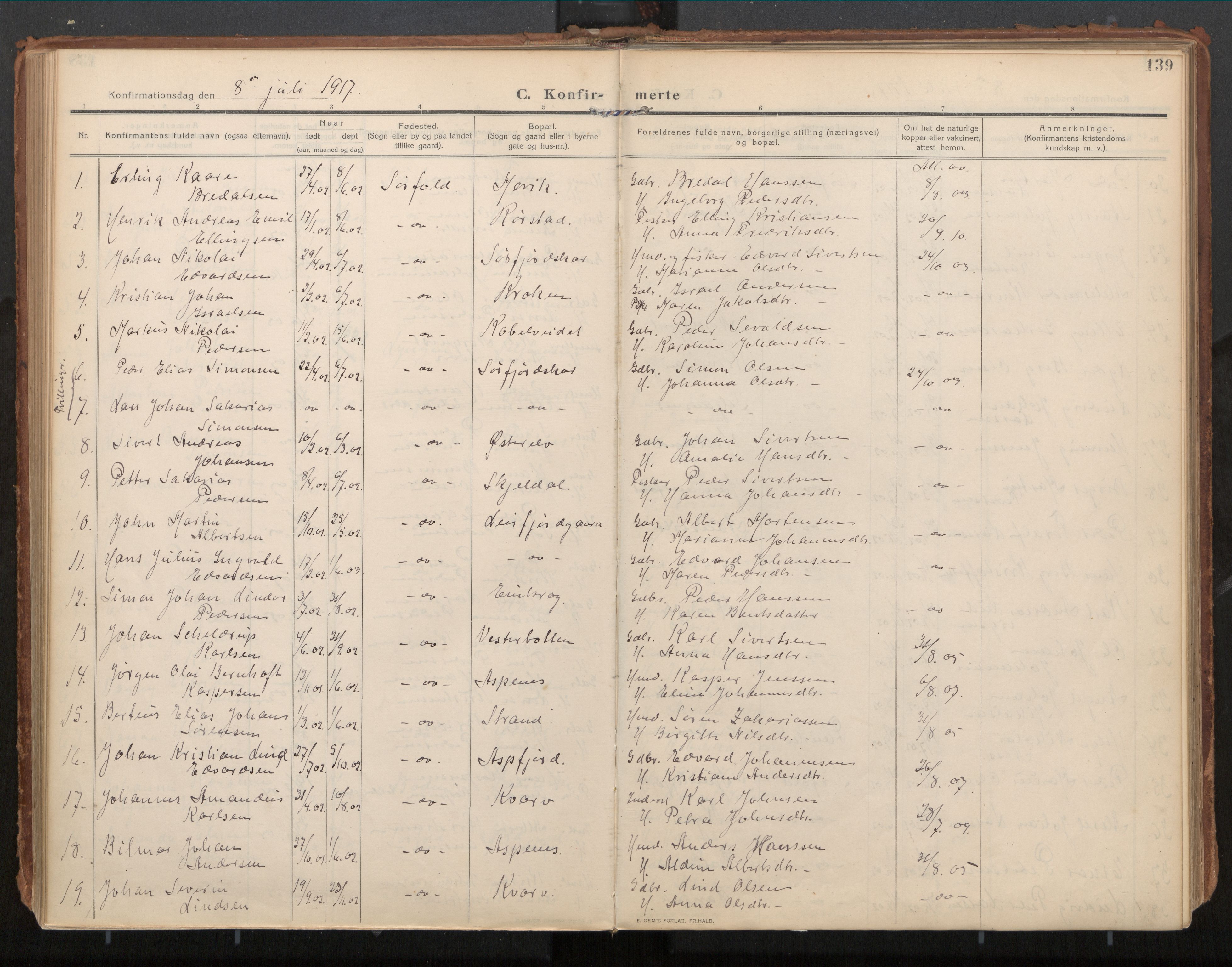 Ministerialprotokoller, klokkerbøker og fødselsregistre - Nordland, AV/SAT-A-1459/854/L0784: Parish register (official) no. 854A07, 1910-1922, p. 139