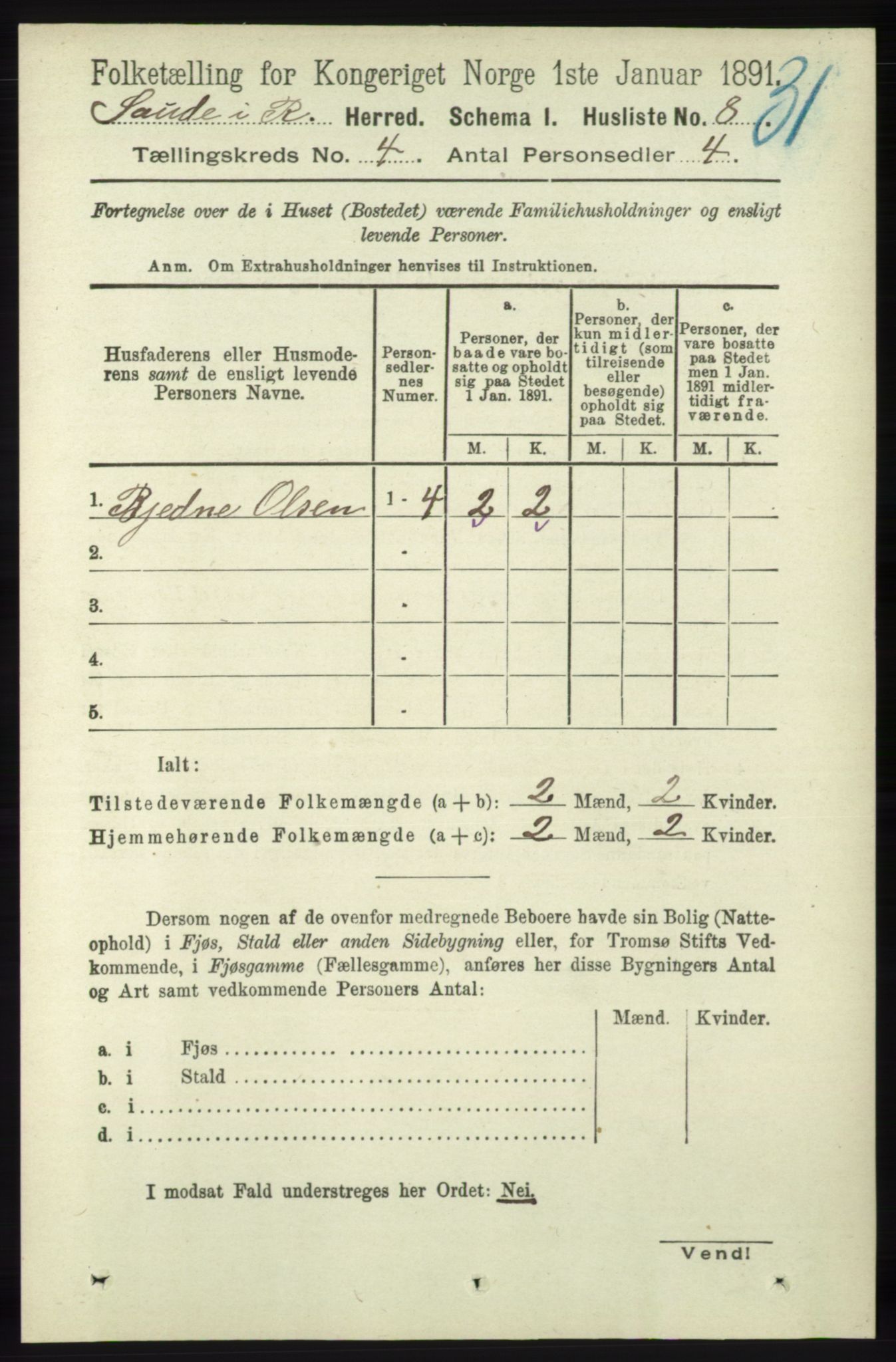 RA, 1891 census for 1135 Sauda, 1891, p. 1748