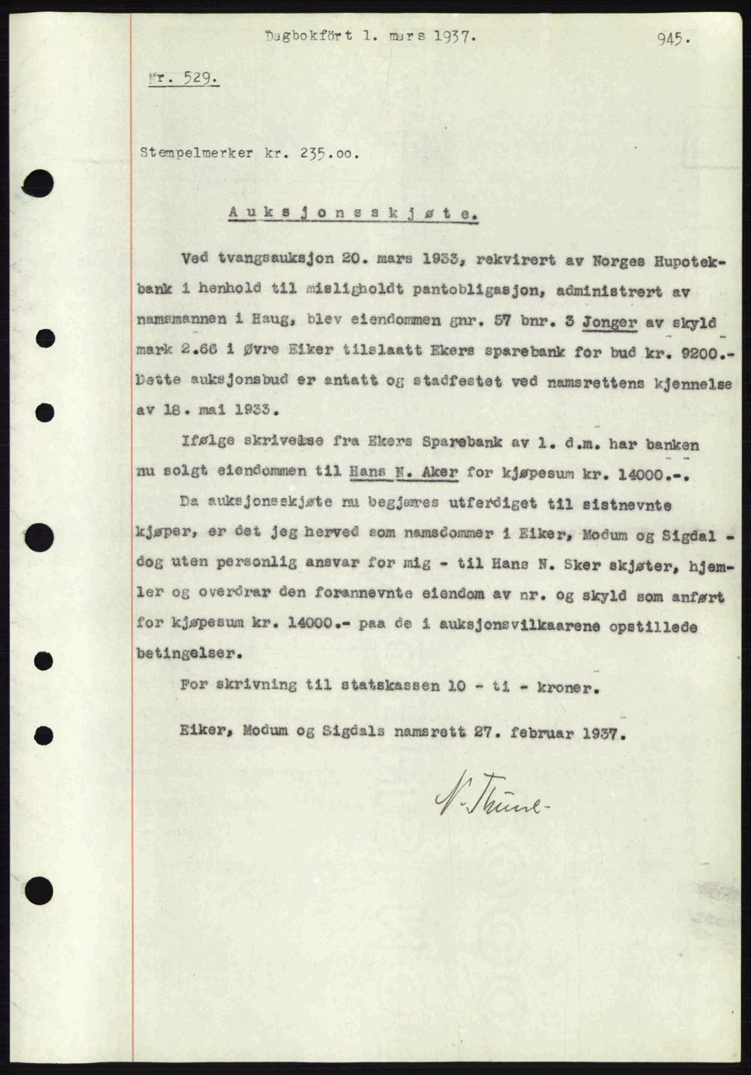 Eiker, Modum og Sigdal sorenskriveri, SAKO/A-123/G/Ga/Gab/L0034: Mortgage book no. A4, 1936-1937, Diary no: : 529/1937