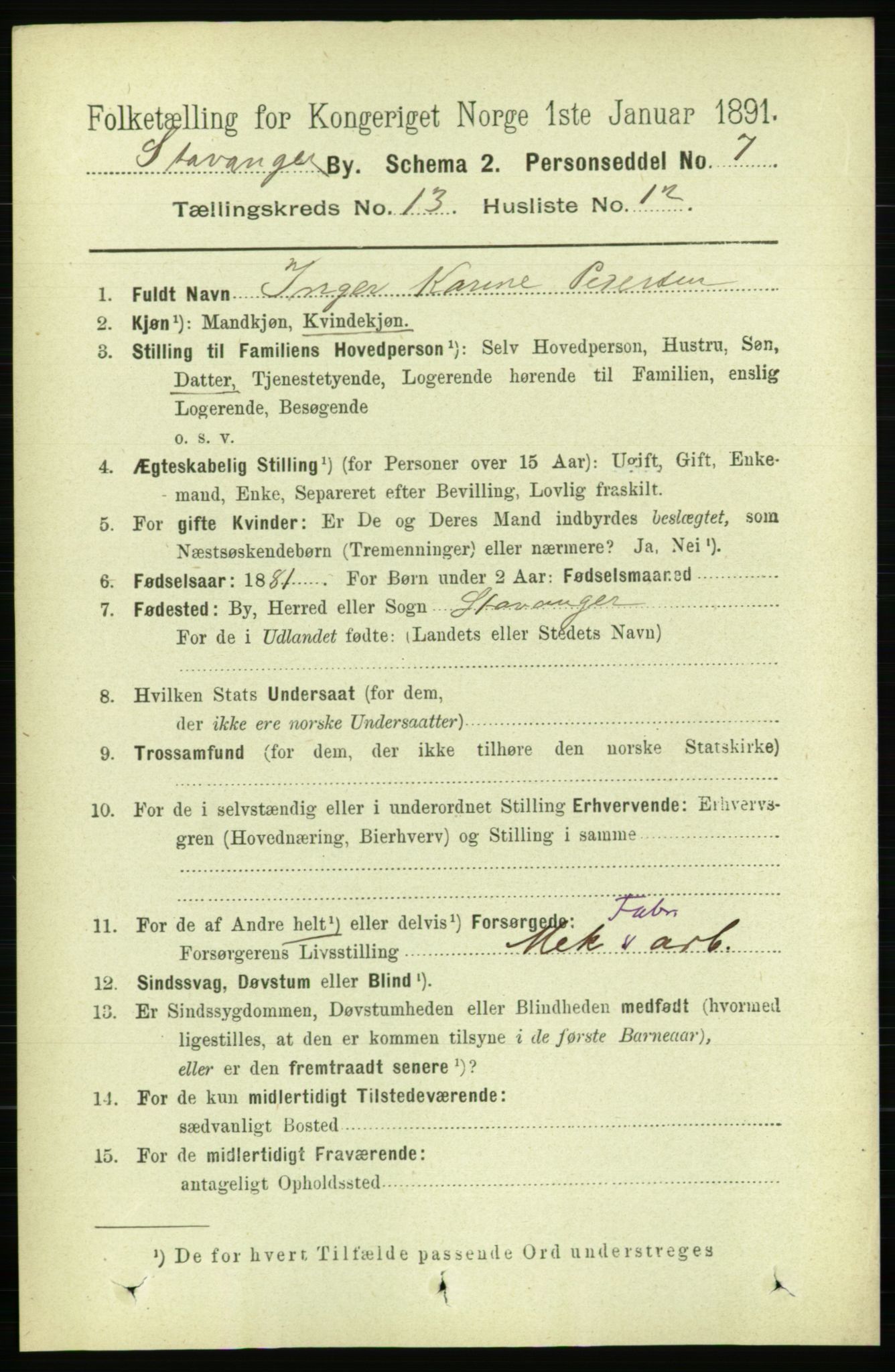 RA, 1891 census for 1103 Stavanger, 1891, p. 16124