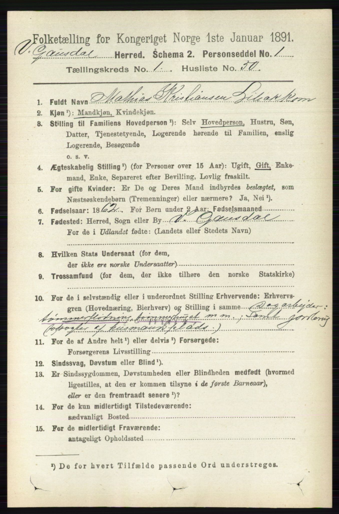 RA, 1891 census for 0523 Vestre Gausdal, 1891, p. 351