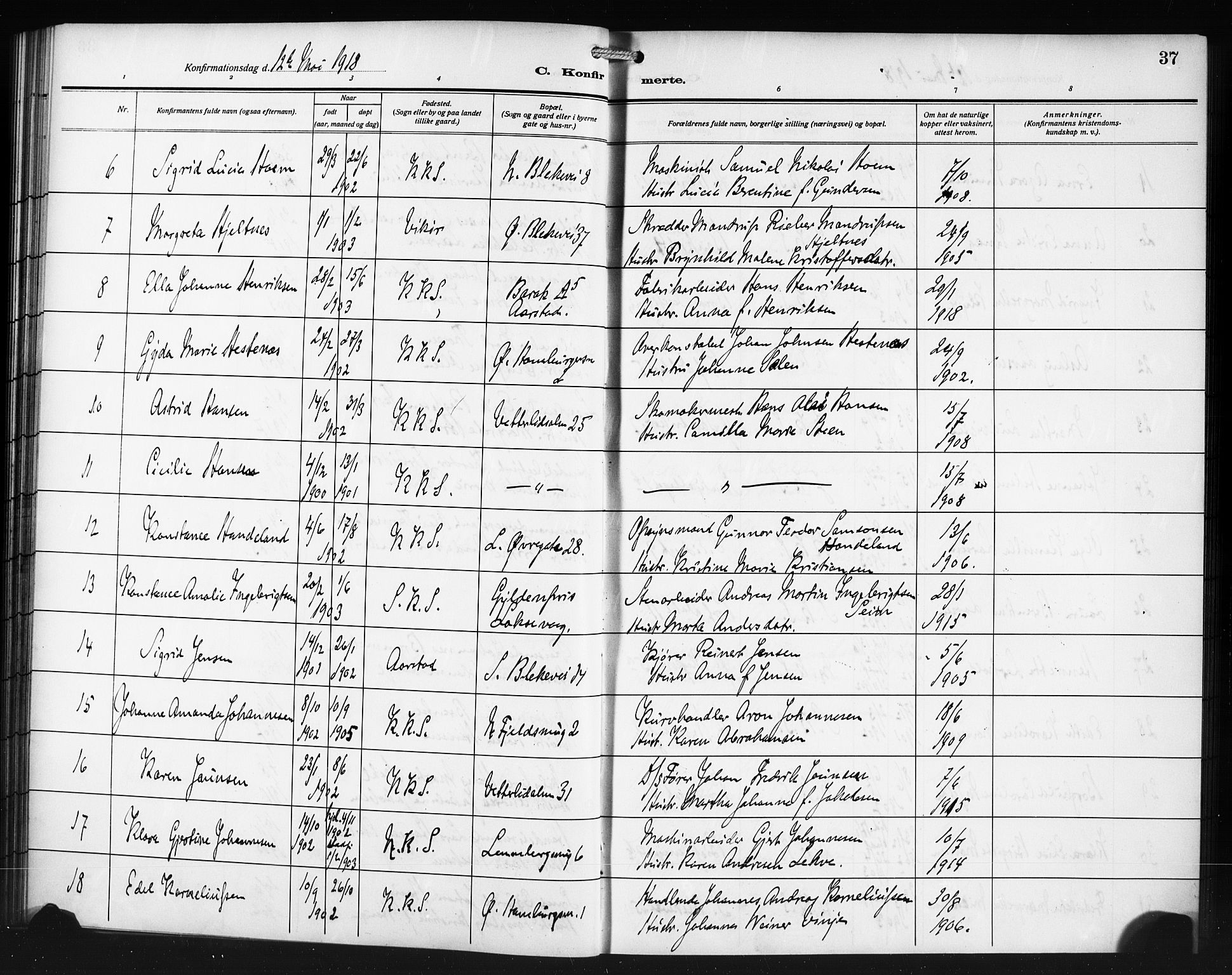 Korskirken sokneprestembete, AV/SAB-A-76101/H/Haa/L0072: Curate's parish register no. A 7, 1913-1920, p. 37