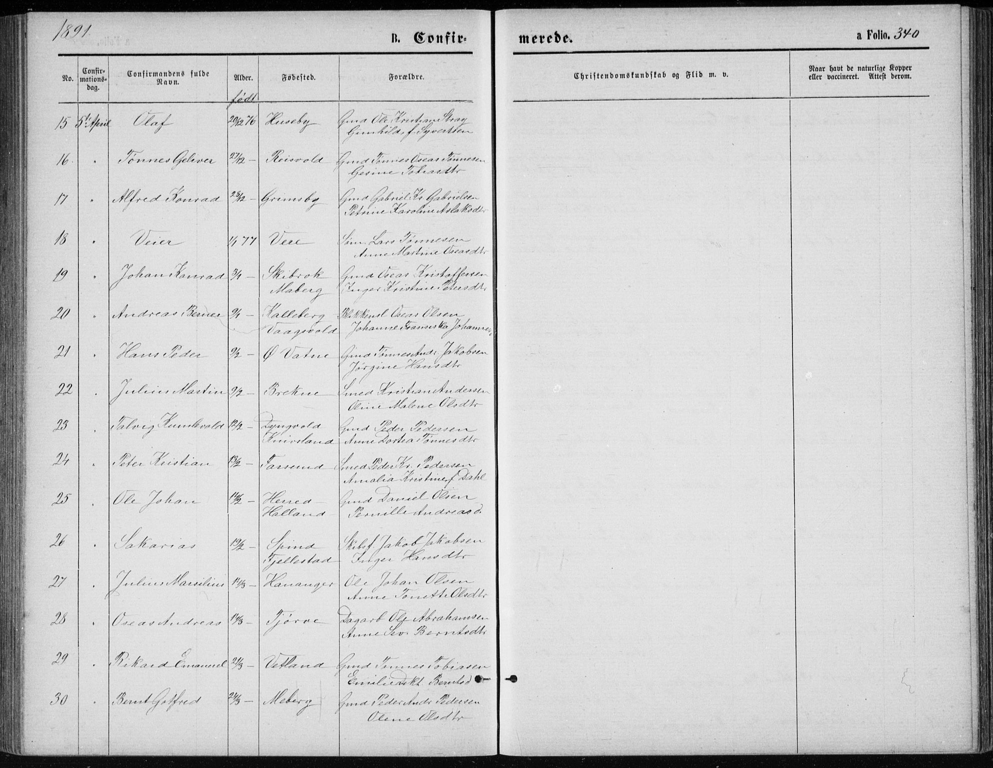 Lista sokneprestkontor, AV/SAK-1111-0027/F/Fb/L0004: Parish register (copy) no. B 4, 1877-1891, p. 340