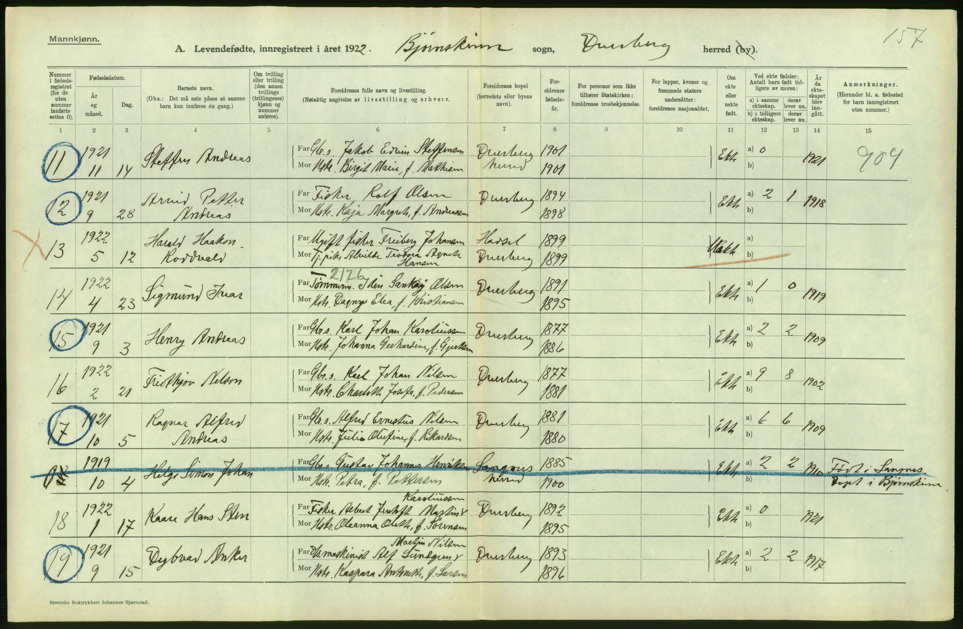 Statistisk sentralbyrå, Sosiodemografiske emner, Befolkning, AV/RA-S-2228/D/Df/Dfc/Dfcb/L0044: Nordland fylke: Levendefødte menn og kvinner. Bygder og byer., 1922, p. 132