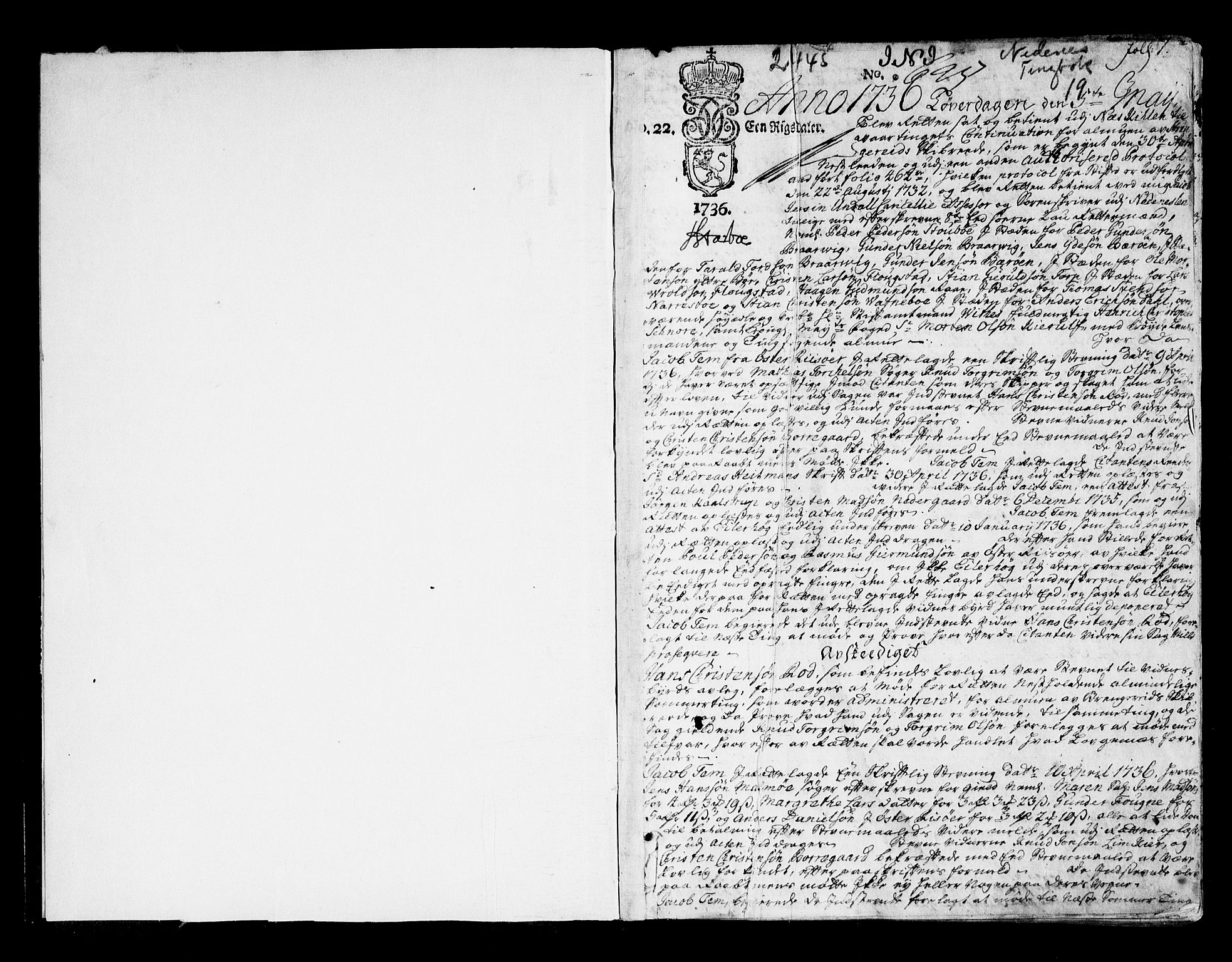 Nedenes sorenskriveri før 1824, AV/SAK-1221-0007/F/Fa/L0024: Tingbok med register nr 19, 1736-1742, p. 0b-1a