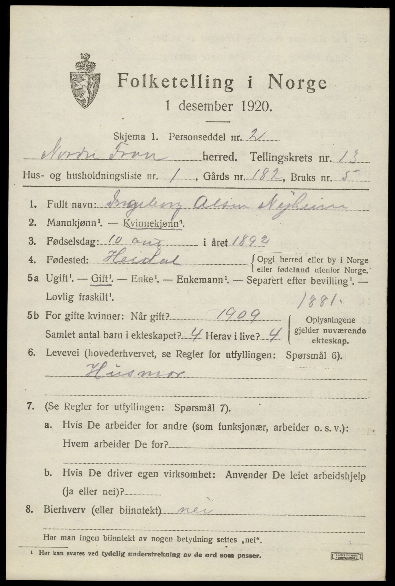 SAH, 1920 census for Nord-Fron, 1920, p. 10310