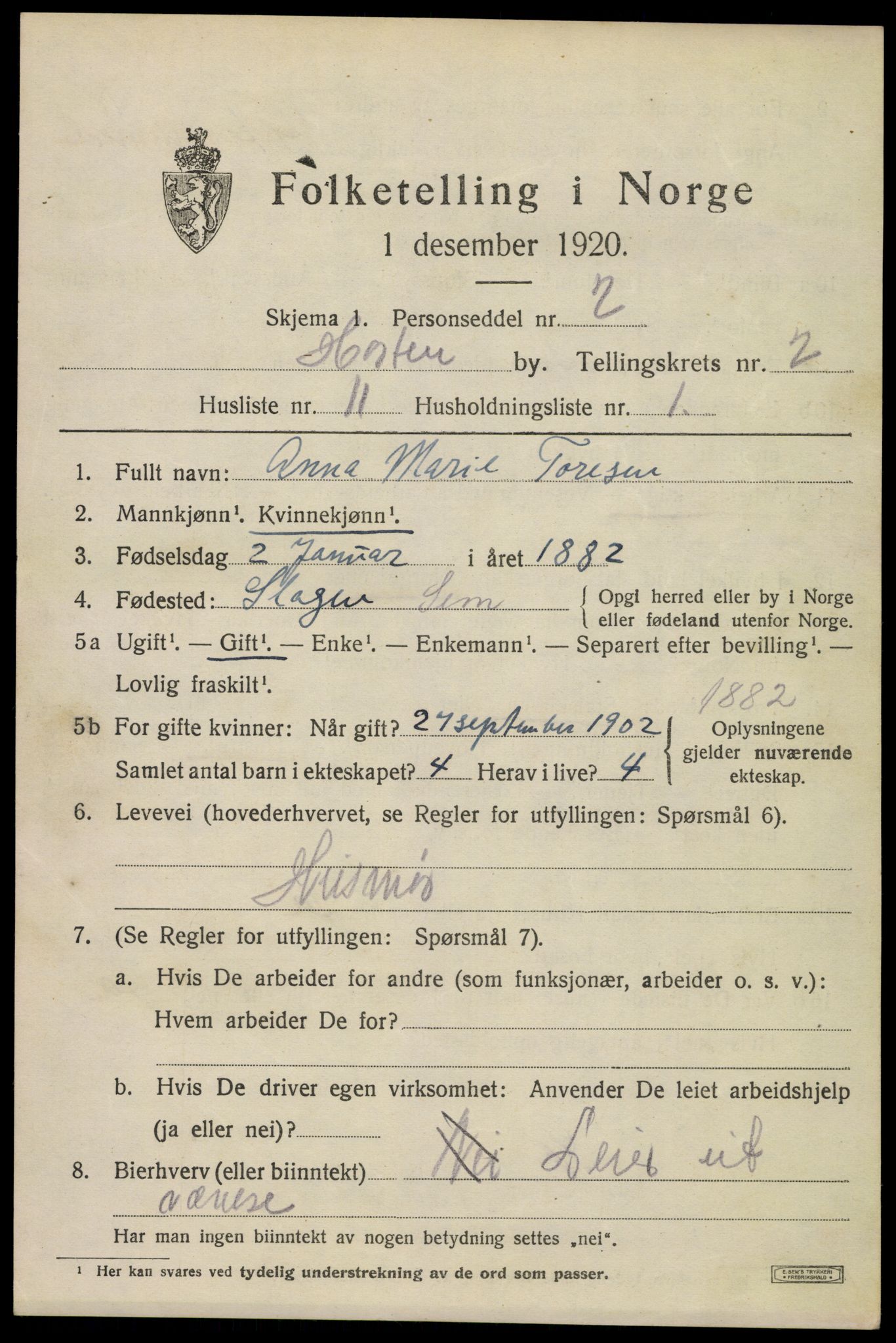 SAKO, 1920 census for Horten, 1920, p. 10333