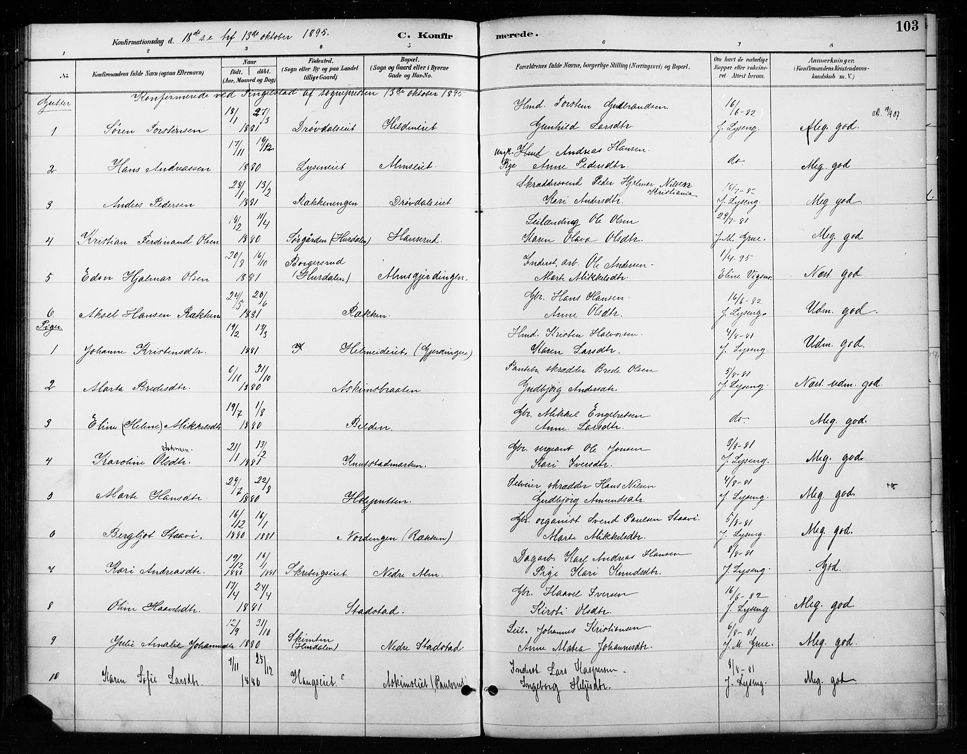 Gran prestekontor, AV/SAH-PREST-112/H/Ha/Haa/L0018: Parish register (official) no. 18, 1889-1899, p. 103