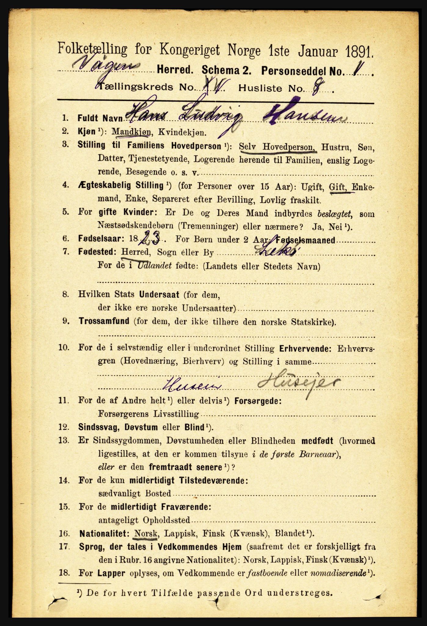 RA, 1891 census for 1865 Vågan, 1891, p. 4126