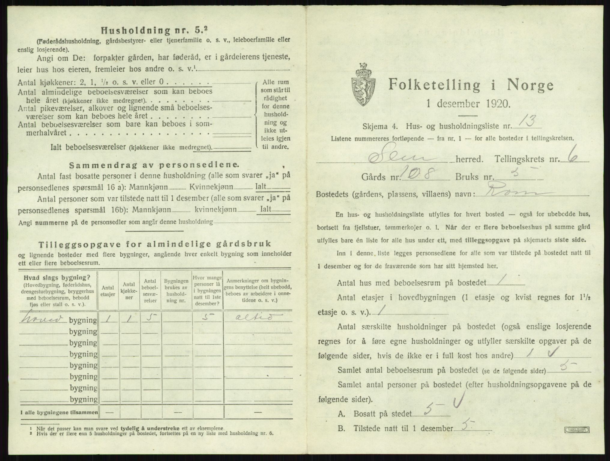 SAKO, 1920 census for Sem, 1920, p. 1285