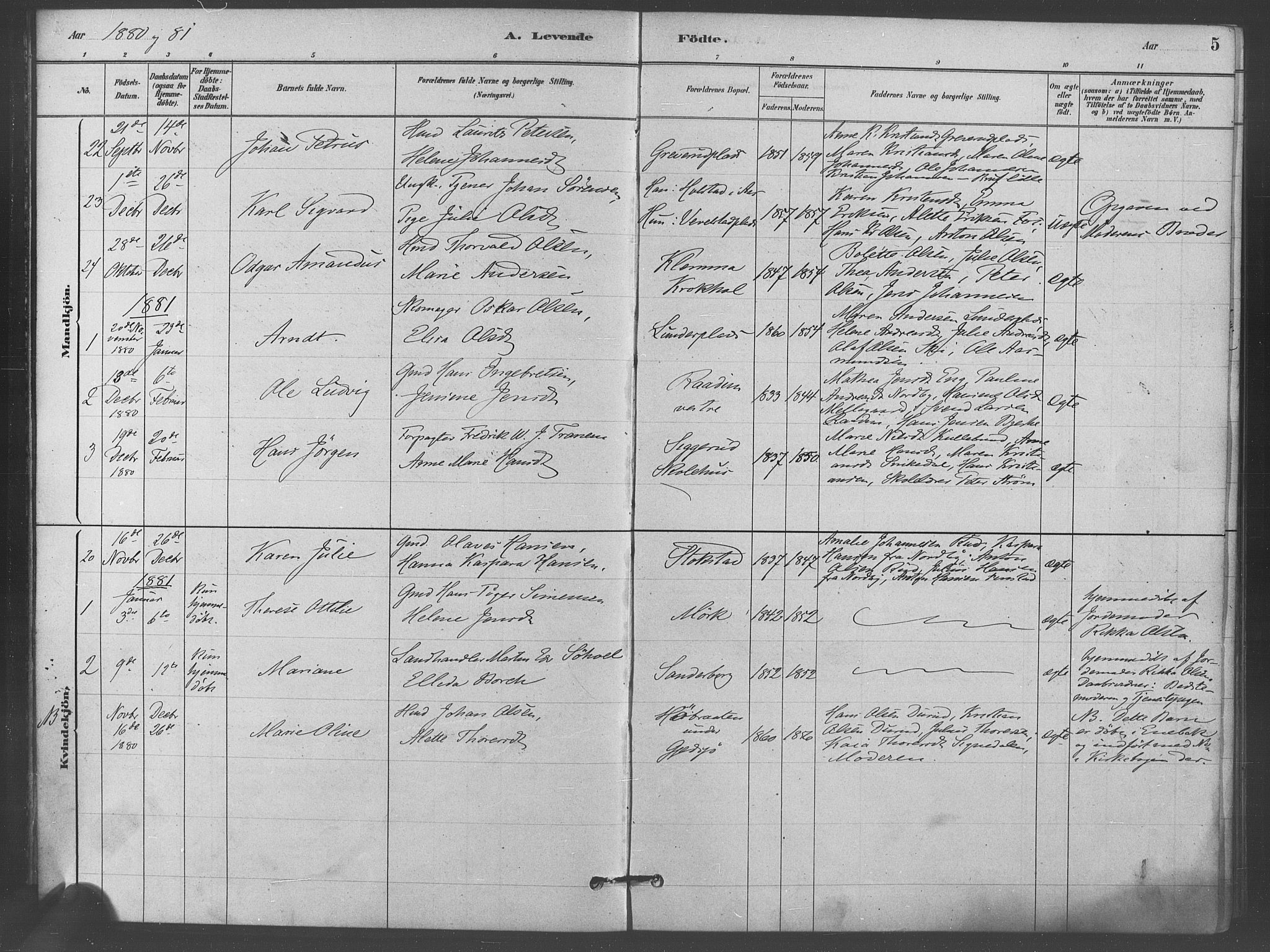 Kråkstad prestekontor Kirkebøker, AV/SAO-A-10125a/F/Fb/L0001: Parish register (official) no. II 1, 1880-1892, p. 5