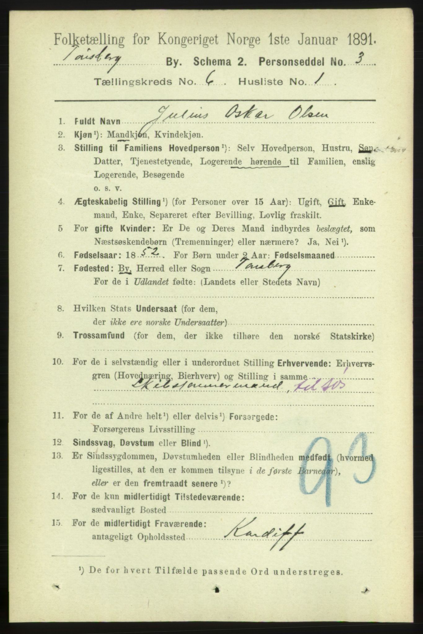 RA, 1891 census for 0705 Tønsberg, 1891, p. 2449