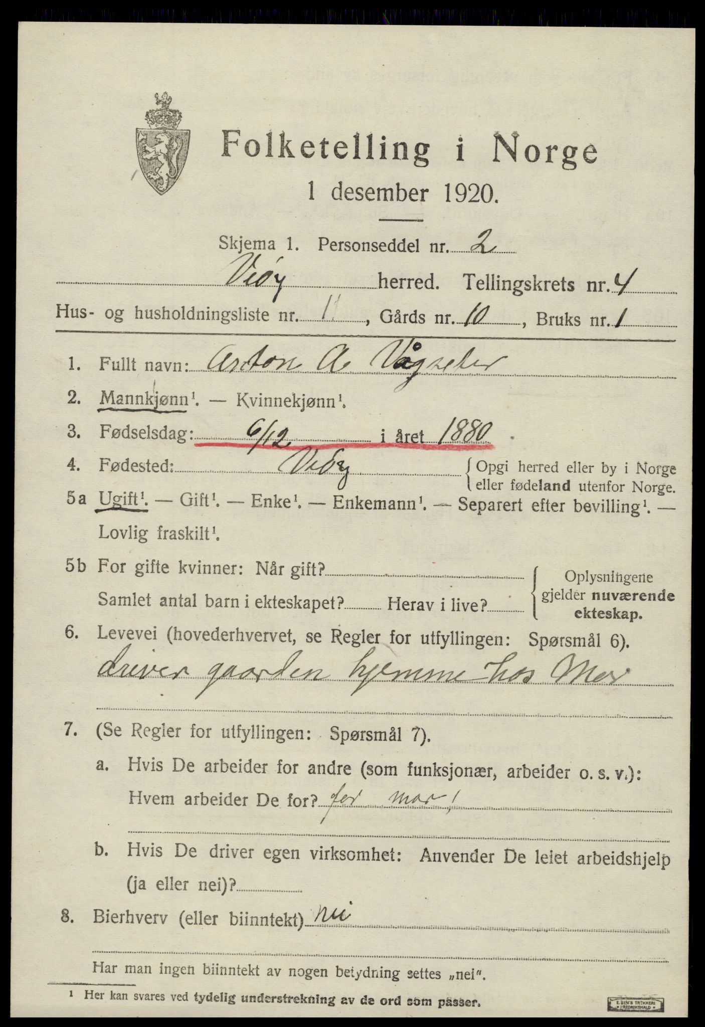 SAT, 1920 census for Veøy, 1920, p. 1673