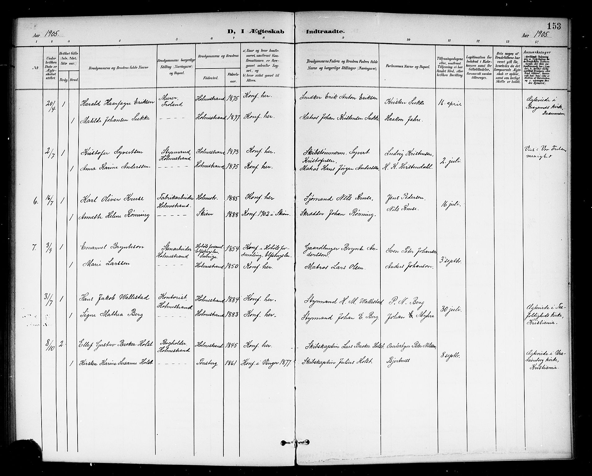 Holmestrand kirkebøker, AV/SAKO-A-346/G/Ga/L0006: Parish register (copy) no. 6, 1901-1923, p. 153