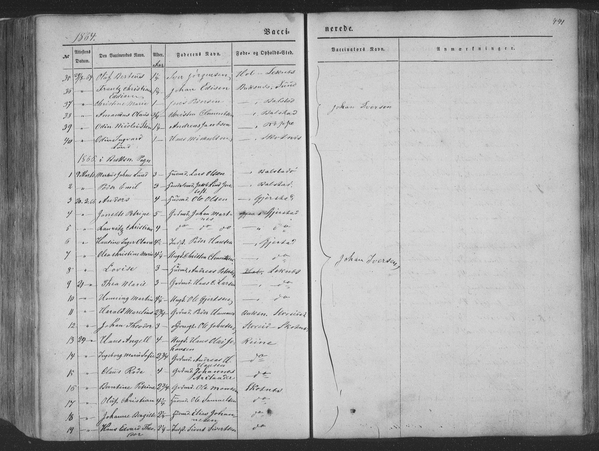 Ministerialprotokoller, klokkerbøker og fødselsregistre - Nordland, AV/SAT-A-1459/881/L1165: Parish register (copy) no. 881C02, 1854-1876, p. 441