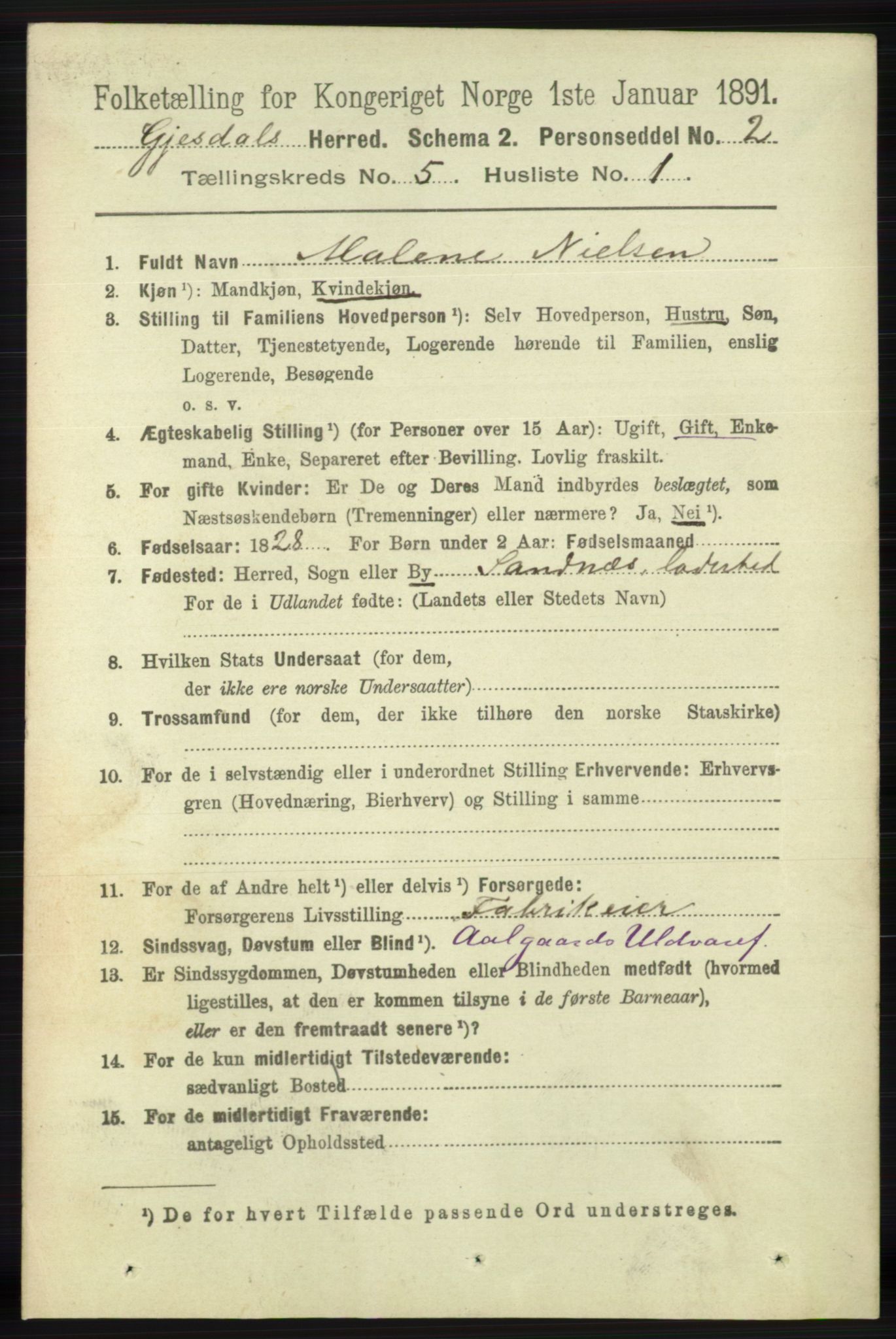 RA, 1891 census for 1122 Gjesdal, 1891, p. 1489