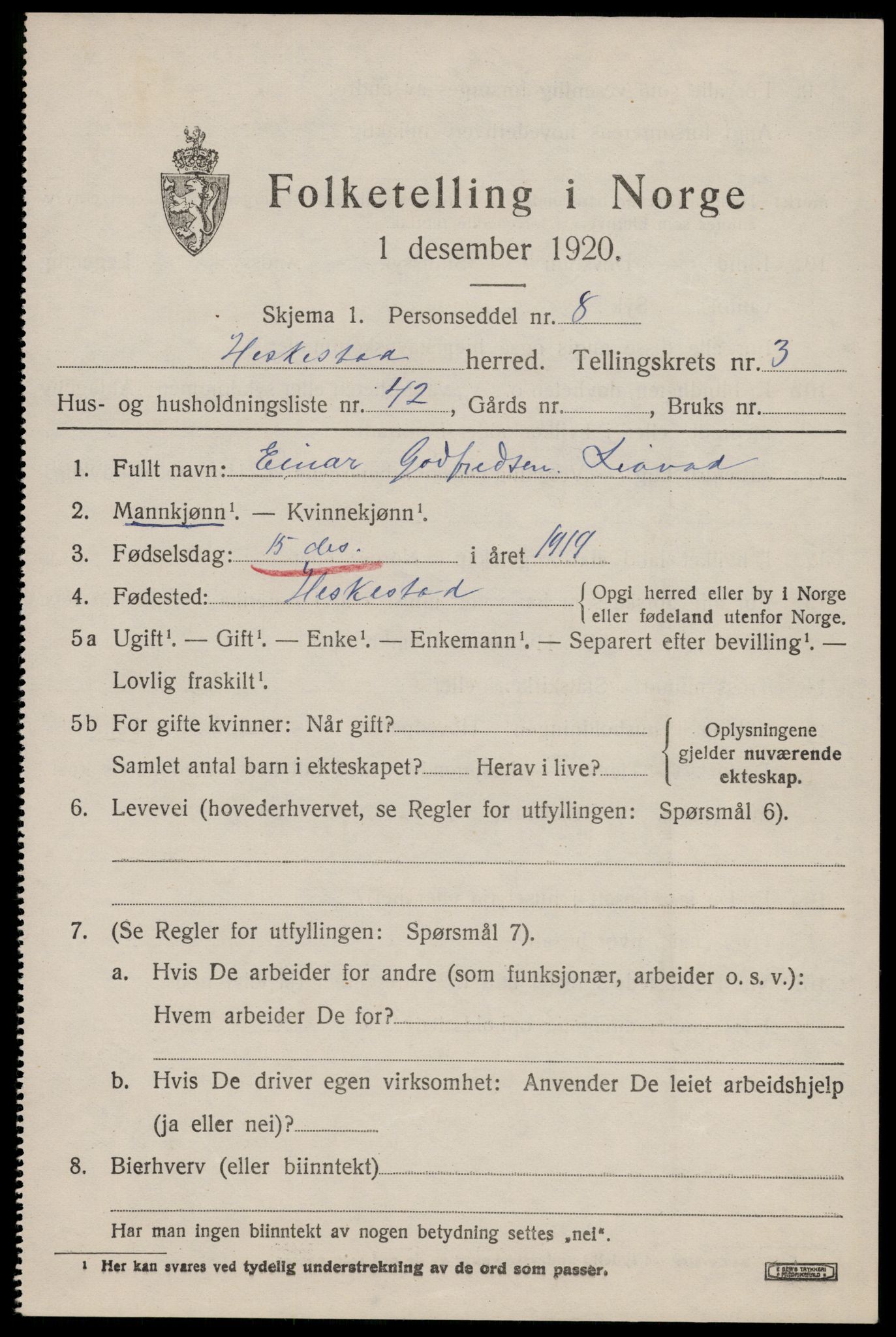 SAST, 1920 census for Heskestad, 1920, p. 1405