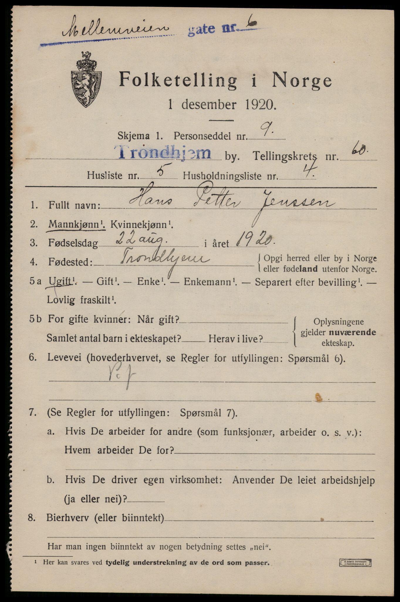 SAT, 1920 census for Trondheim, 1920, p. 121112