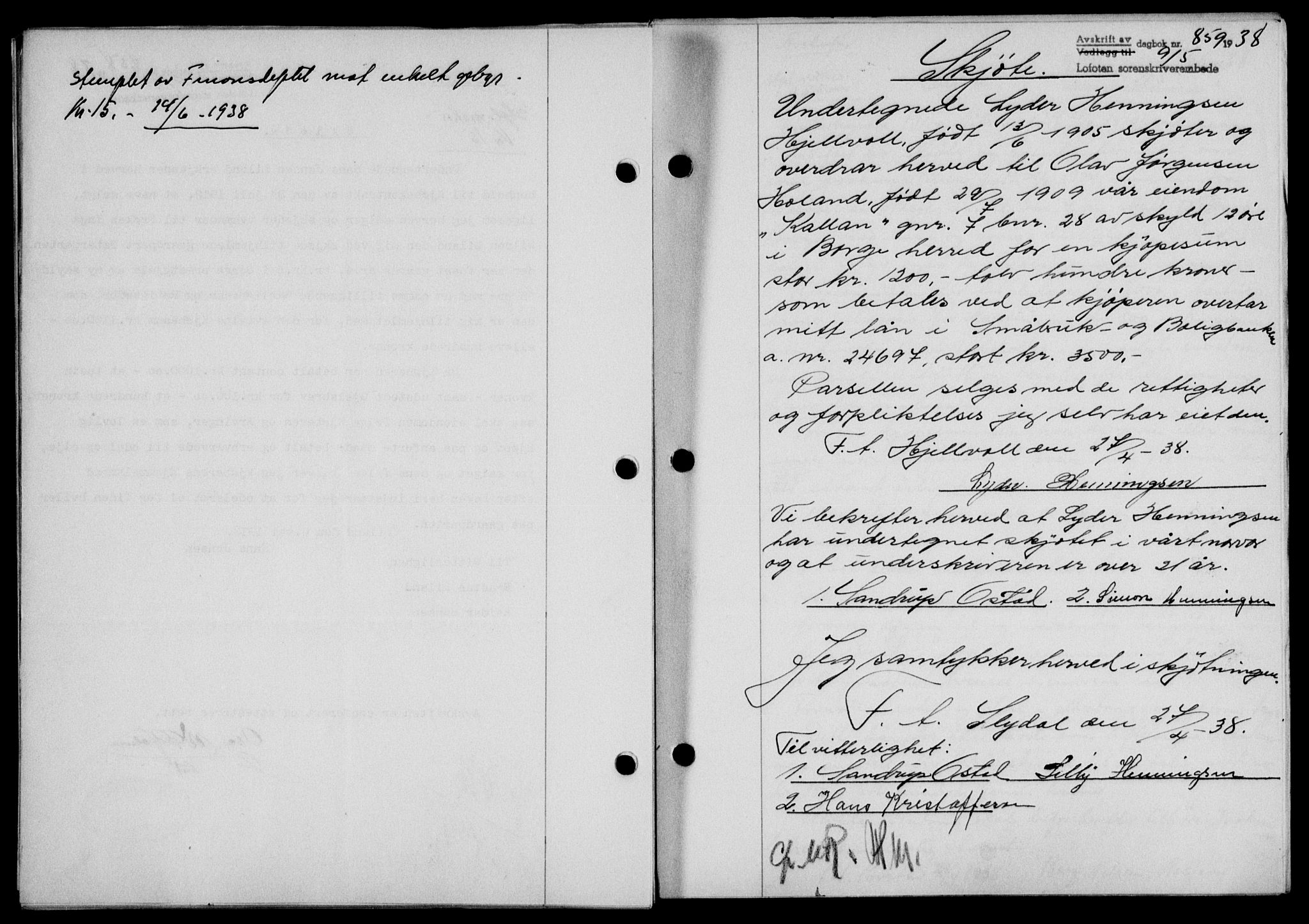 Lofoten sorenskriveri, SAT/A-0017/1/2/2C/L0004a: Mortgage book no. 4a, 1938-1938, Diary no: : 859/1938