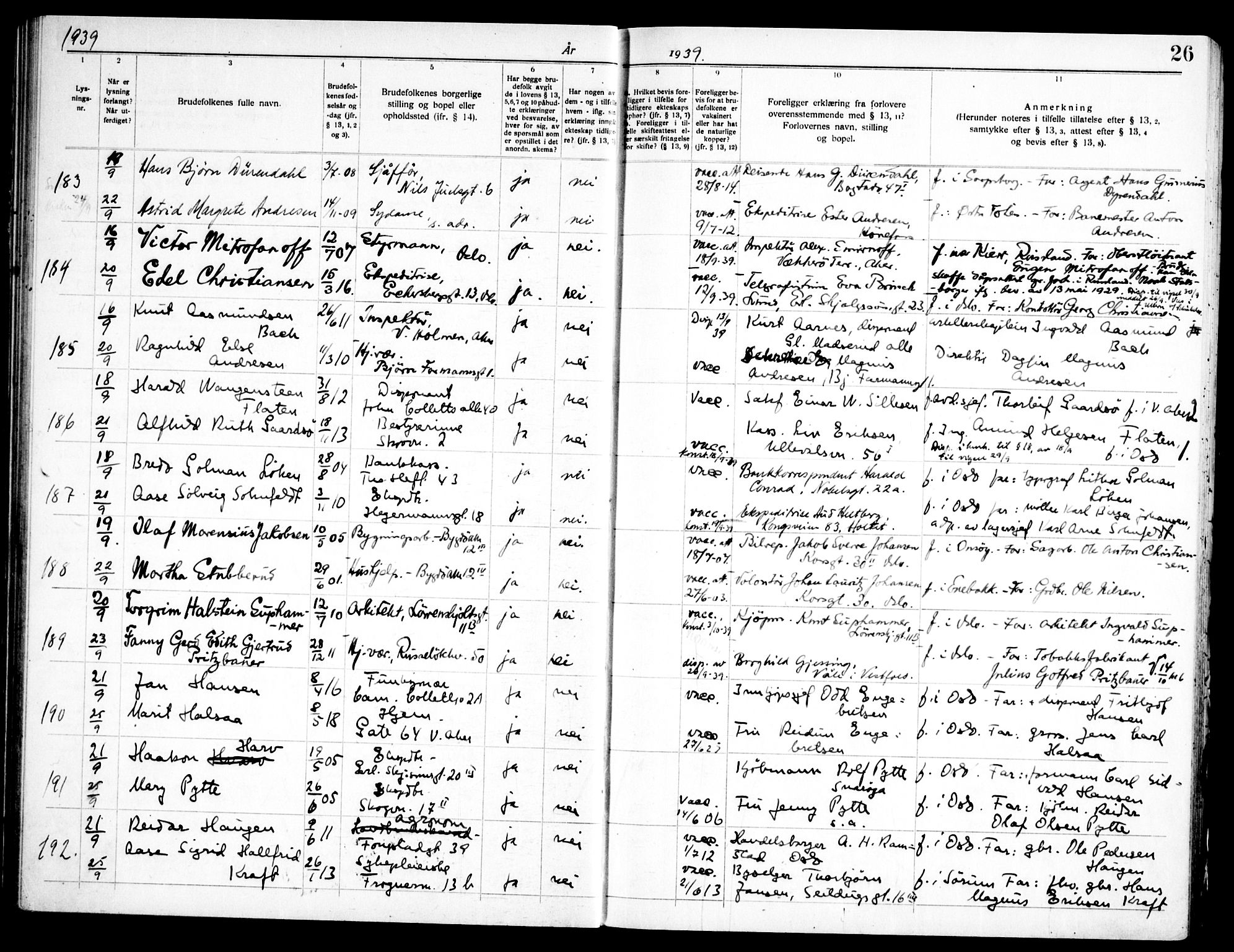 Frogner prestekontor Kirkebøker, SAO/A-10886/H/Ha/L0009: Banns register no. 9, 1938-1945, p. 26