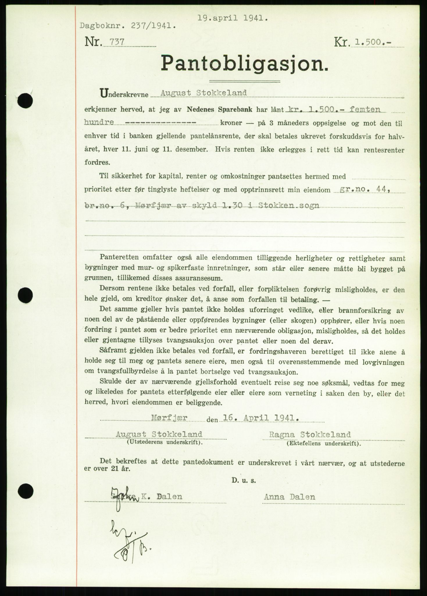 Nedenes sorenskriveri, SAK/1221-0006/G/Gb/Gbb/L0001: Mortgage book no. I, 1939-1942, Diary no: : 237/1941