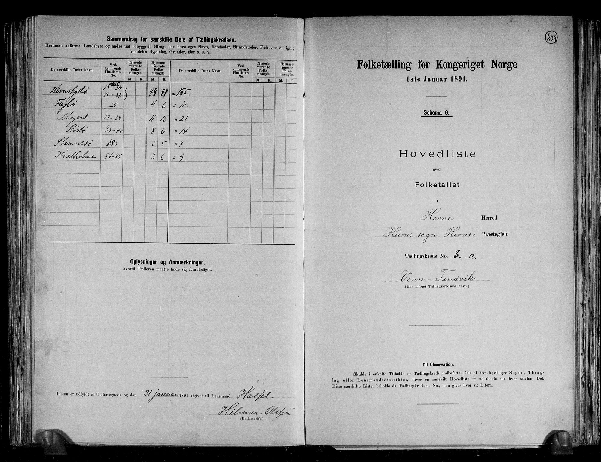 RA, 1891 census for 1612 Hemne, 1891, p. 9