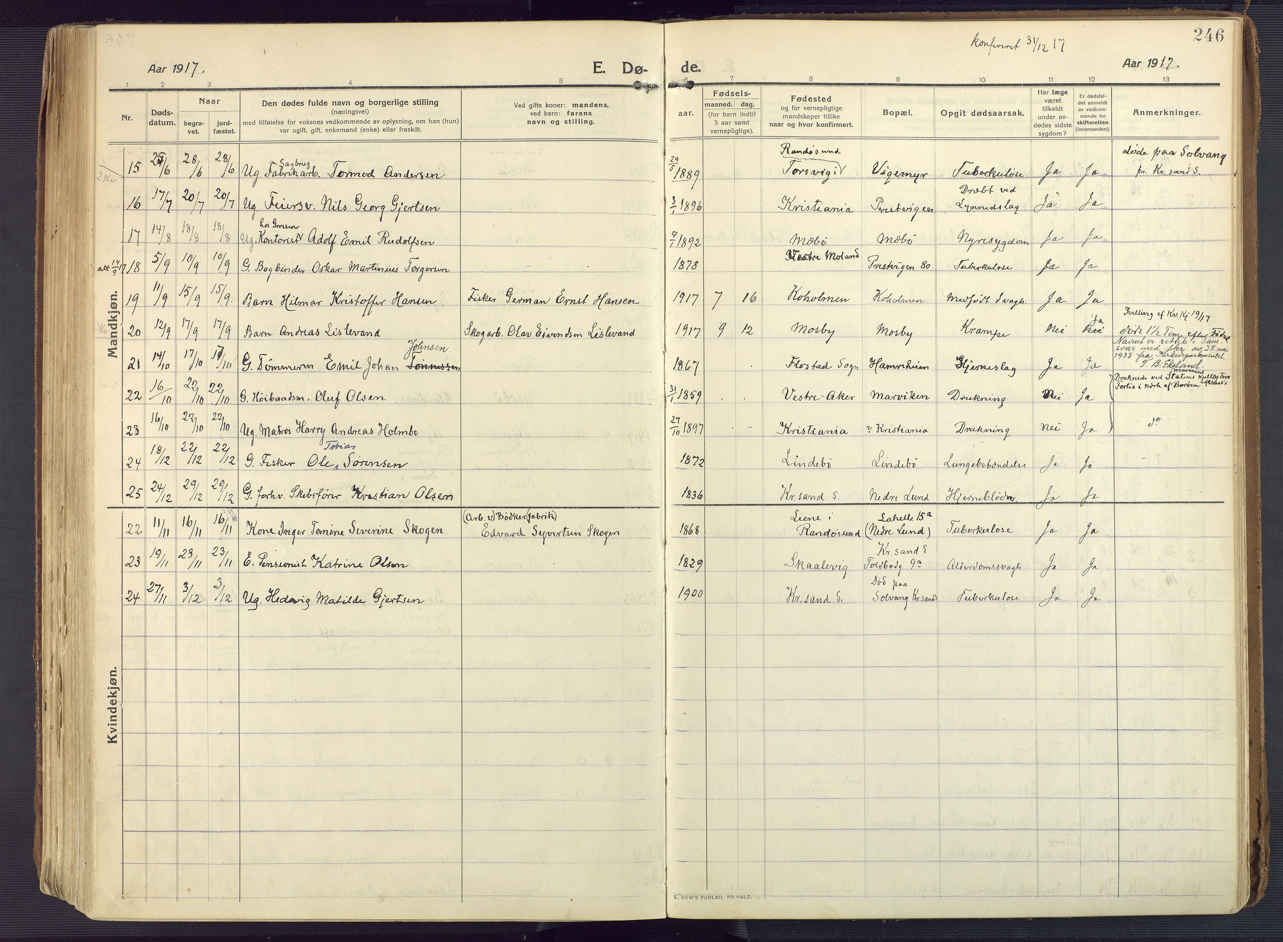 Oddernes sokneprestkontor, AV/SAK-1111-0033/F/Fa/Faa/L0012: Parish register (official) no. A 12, 1912-1925, p. 246