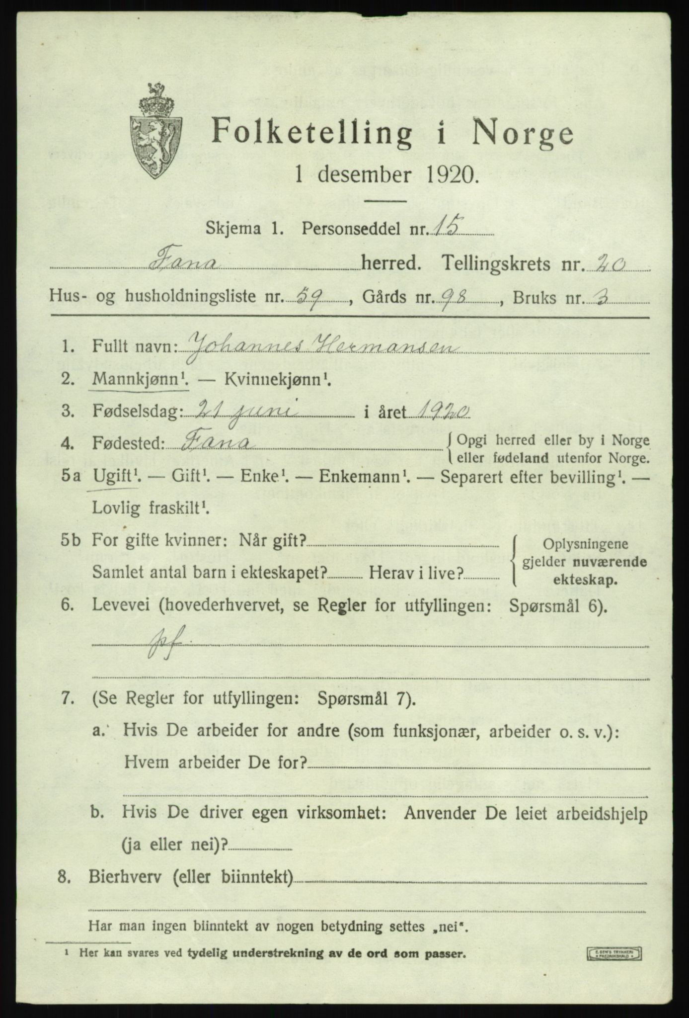 SAB, 1920 census for Fana, 1920, p. 24711