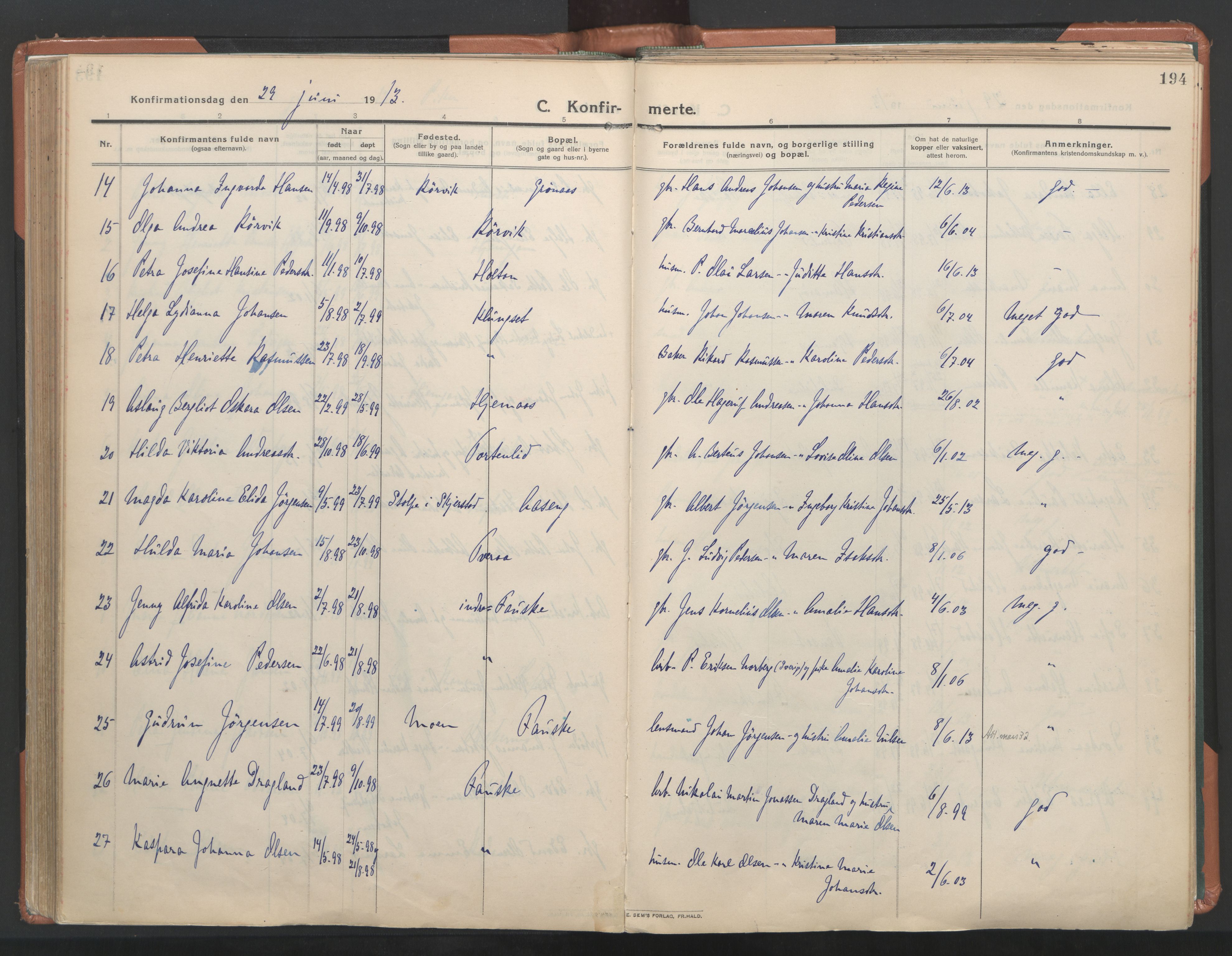 Ministerialprotokoller, klokkerbøker og fødselsregistre - Nordland, AV/SAT-A-1459/849/L0698: Parish register (official) no. 849A09, 1911-1924, p. 194