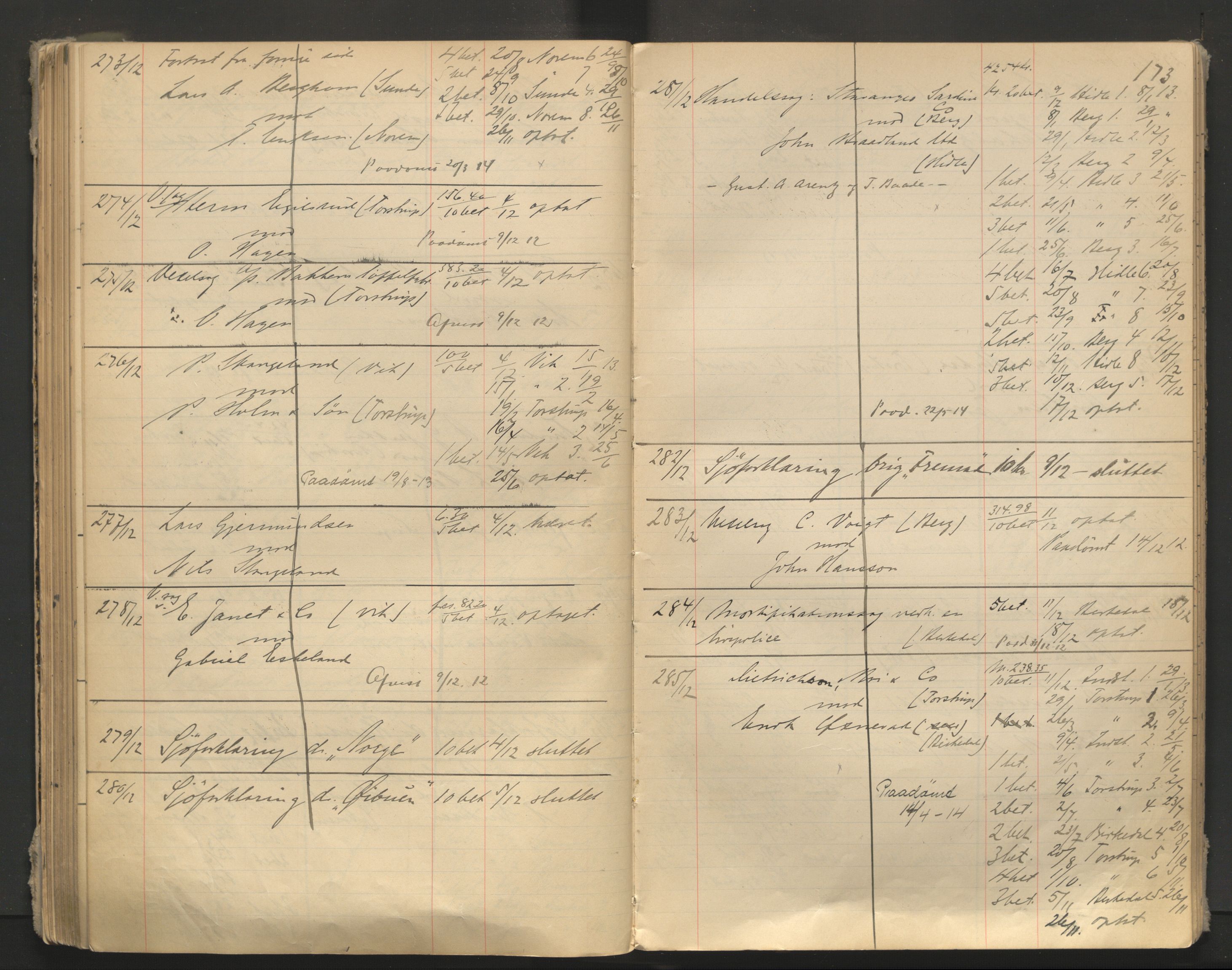 Stavanger byfogd, AV/SAST-A-101408/001/3/32/32A/L0005: Saksliste for Stavanger byting, 1910-1914, p. 172-173