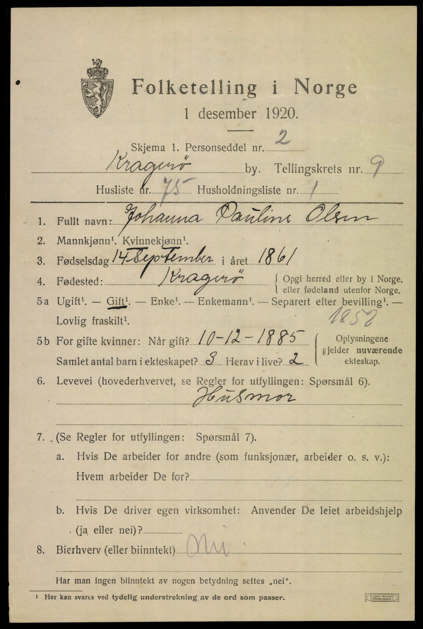 SAKO, 1920 census for Kragerø, 1920, p. 13007
