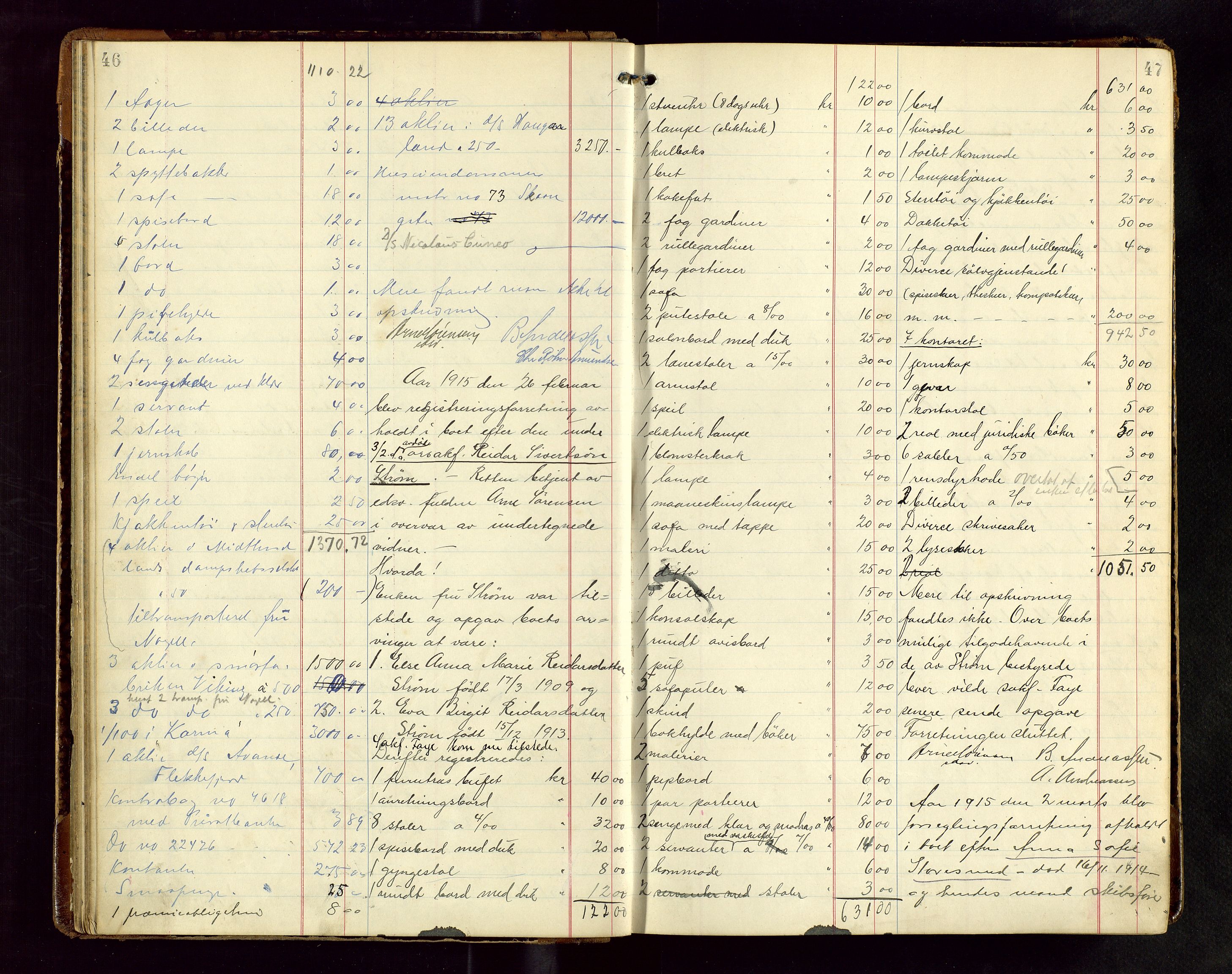 Haugesund tingrett, AV/SAST-A-101415/01/IV/IVB/L0004: Skifteregistreringsprotokoll, med register, 1914-1923, p. 46-47