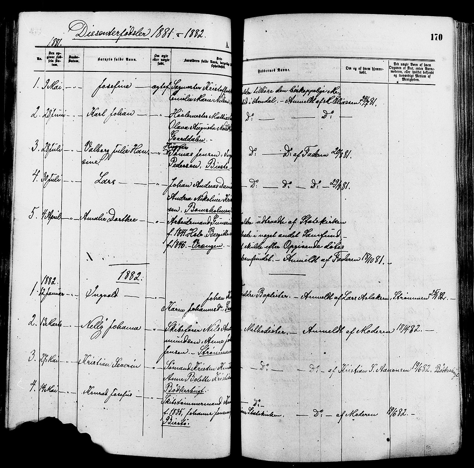 Øyestad sokneprestkontor, SAK/1111-0049/F/Fa/L0016: Parish register (official) no. A 16, 1874-1886, p. 170